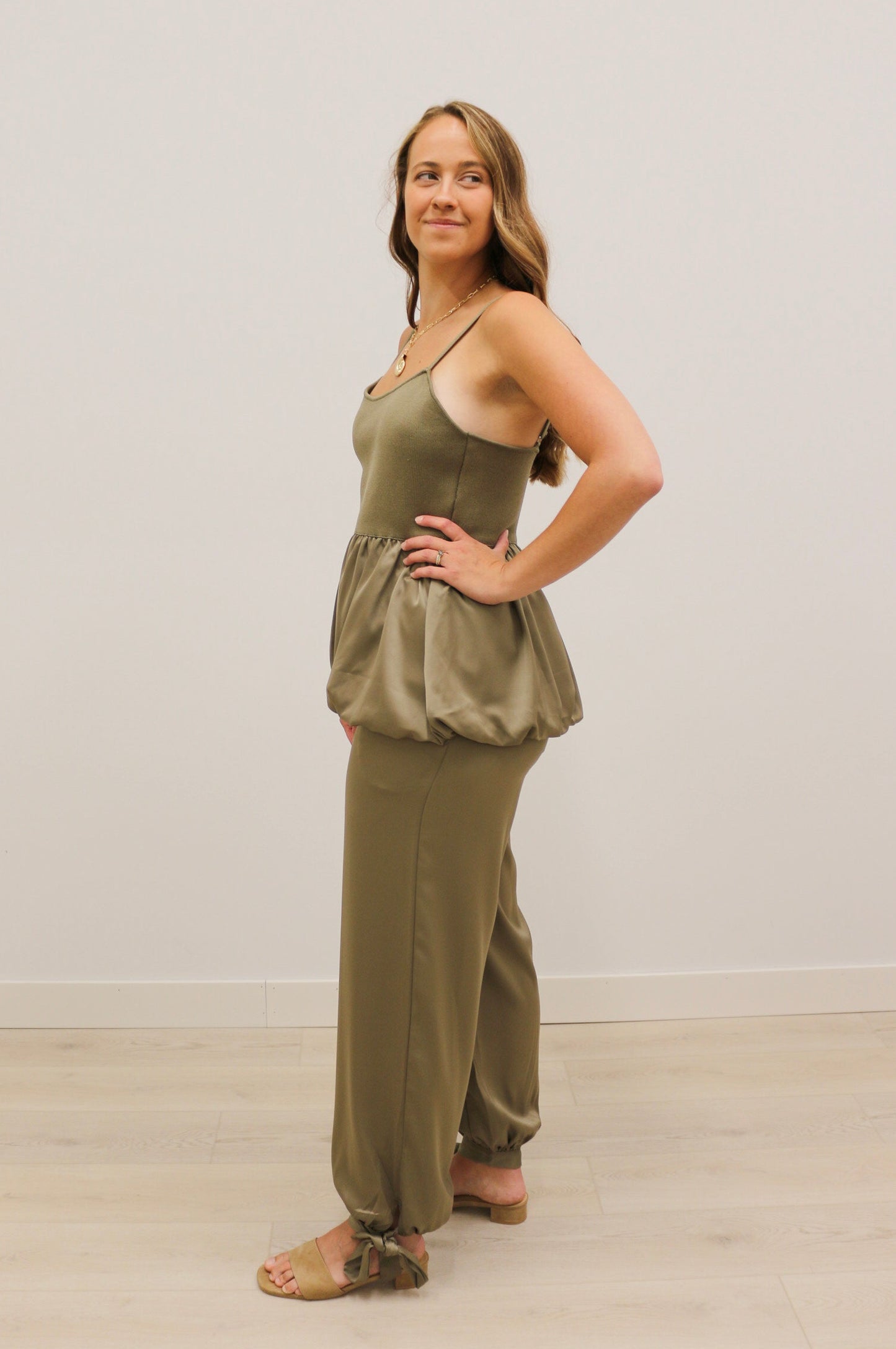 Jaded High Waisted Silky Balloon Ankle Tie Pant - Dark Olive Green