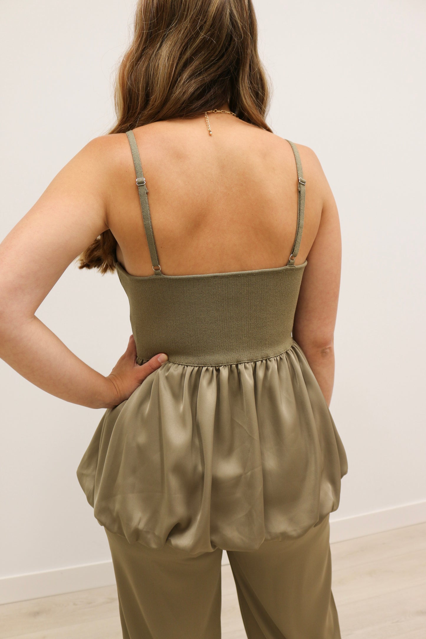 Jaded Mixed Media Silky Knit Cami Tank - Dark Olive Green