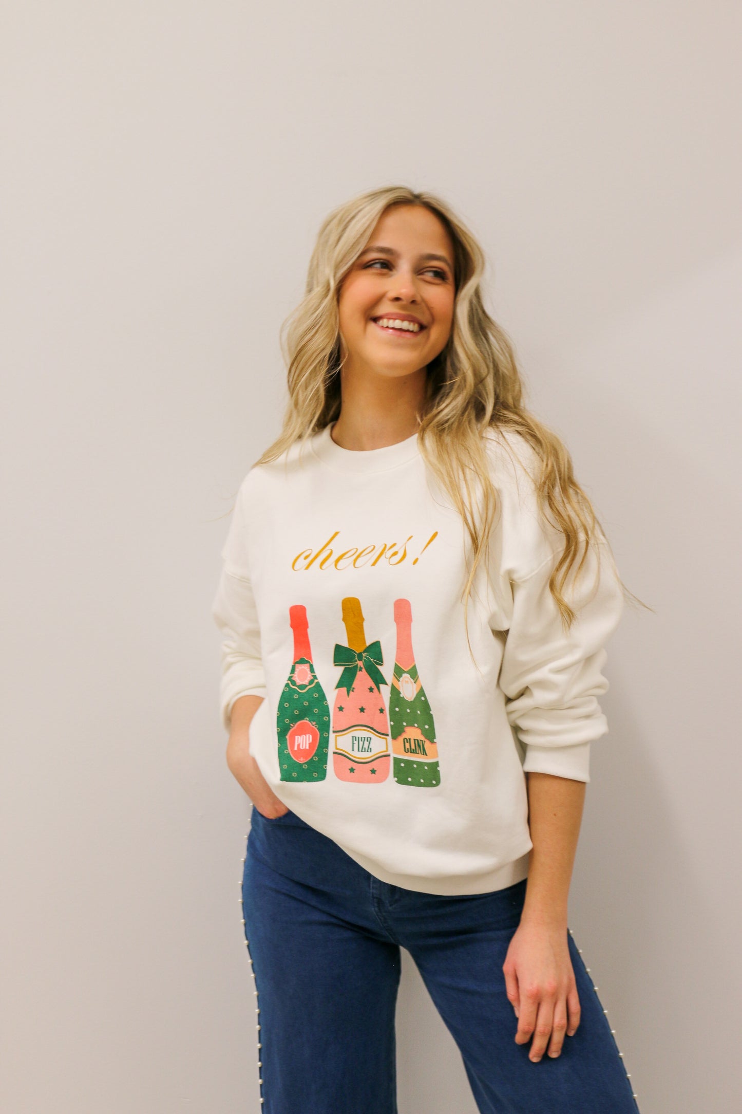 zSALE Cheers Pop Fizz Clink Champagne Bottles Graphic Crewneck Sweatshirt - White Multi