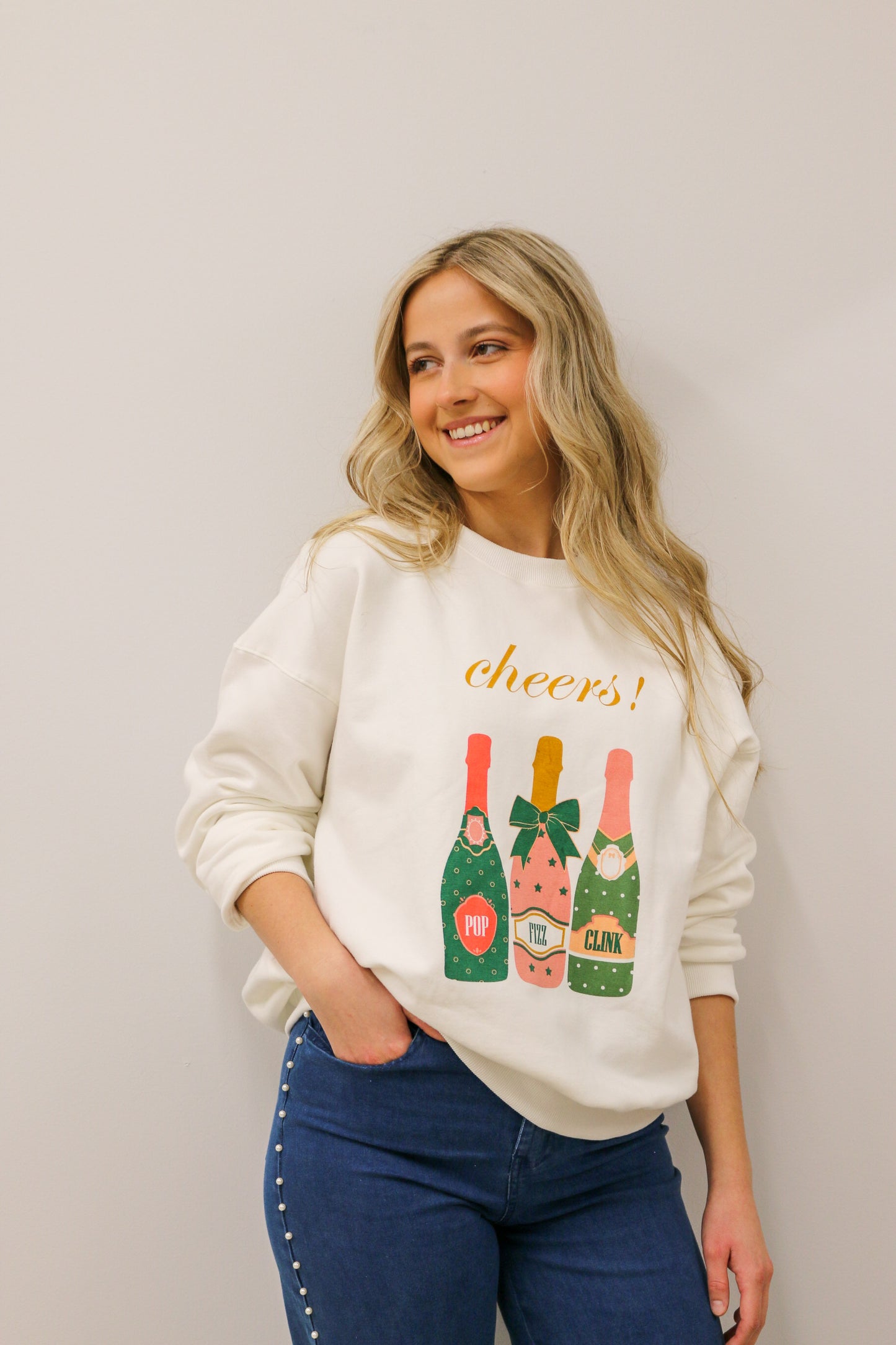 zSALE Cheers Pop Fizz Clink Champagne Bottles Graphic Crewneck Sweatshirt - White Multi