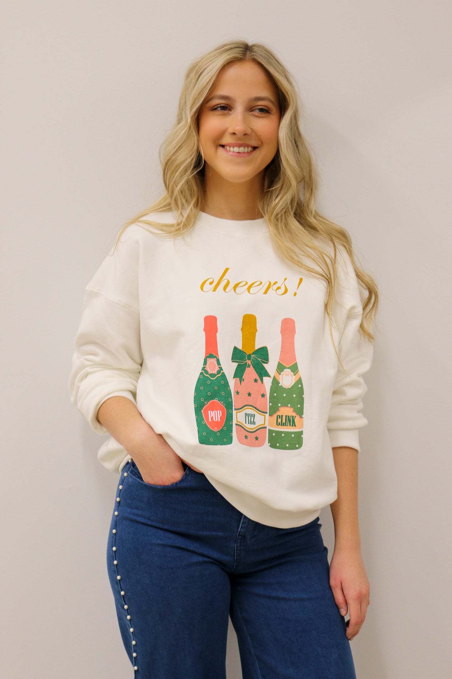 zSALE Cheers Pop Fizz Clink Champagne Bottles Graphic Crewneck Sweatshirt - White Multi