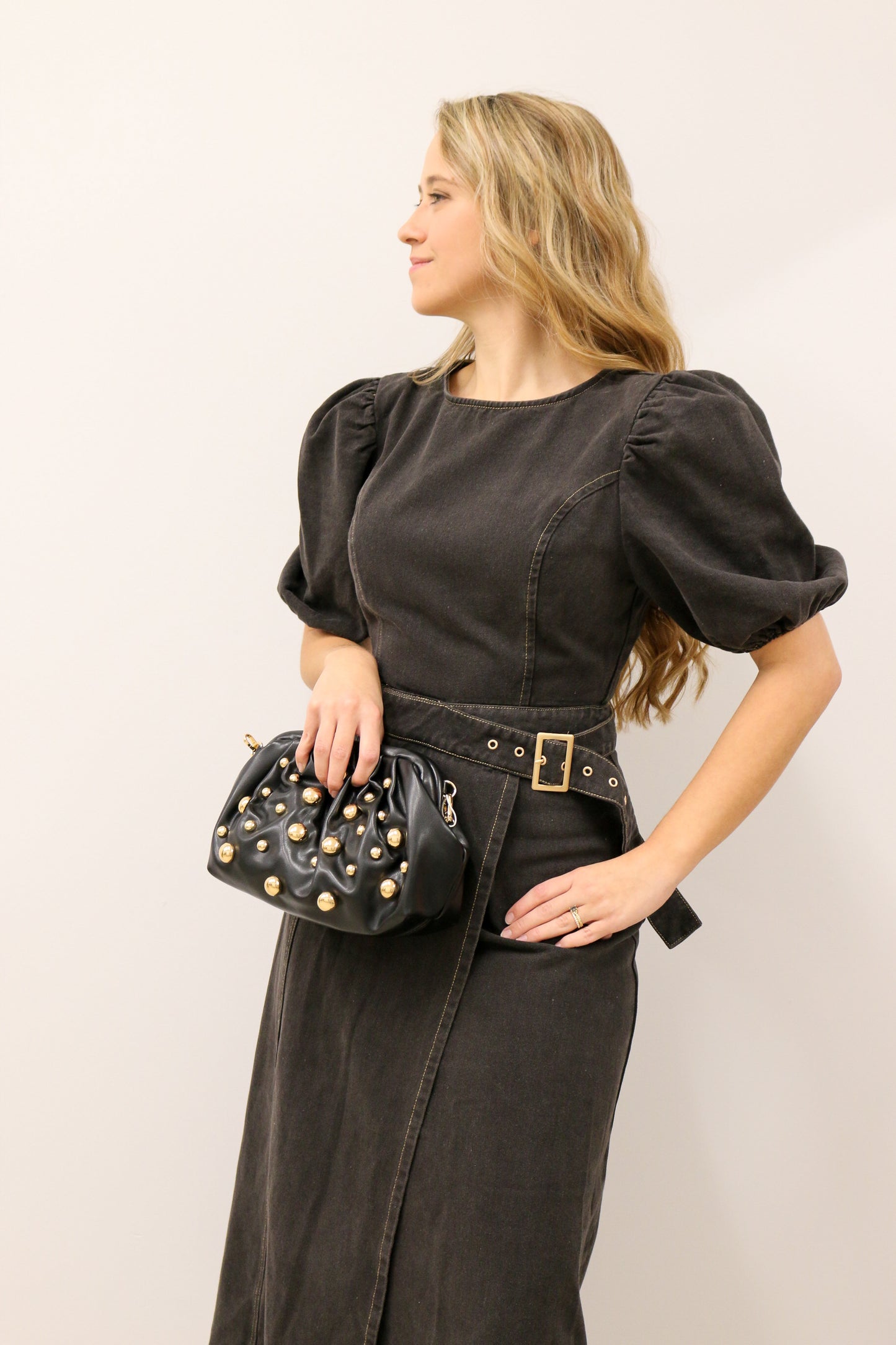 zSALE McKenzi Washed Denim Belted Wrap Midi Dress -  Black