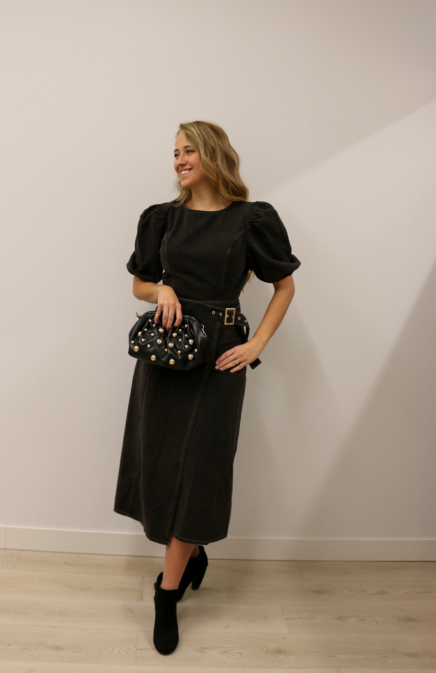 zSALE McKenzi Washed Denim Belted Wrap Midi Dress -  Black