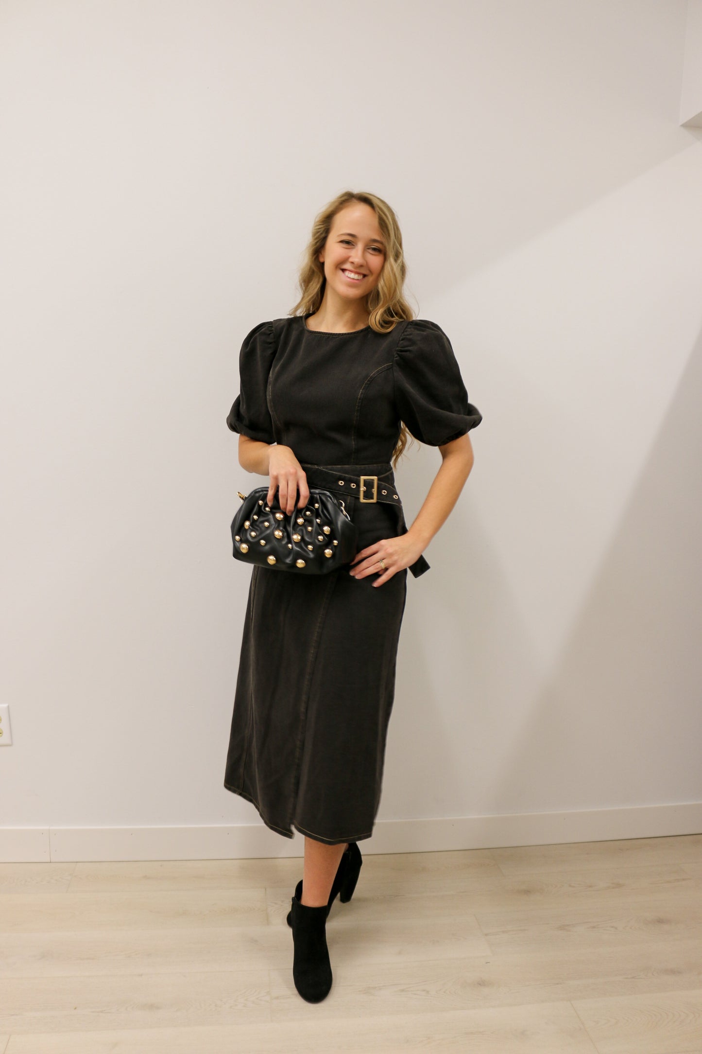 zSALE McKenzi Washed Denim Belted Wrap Midi Dress -  Black