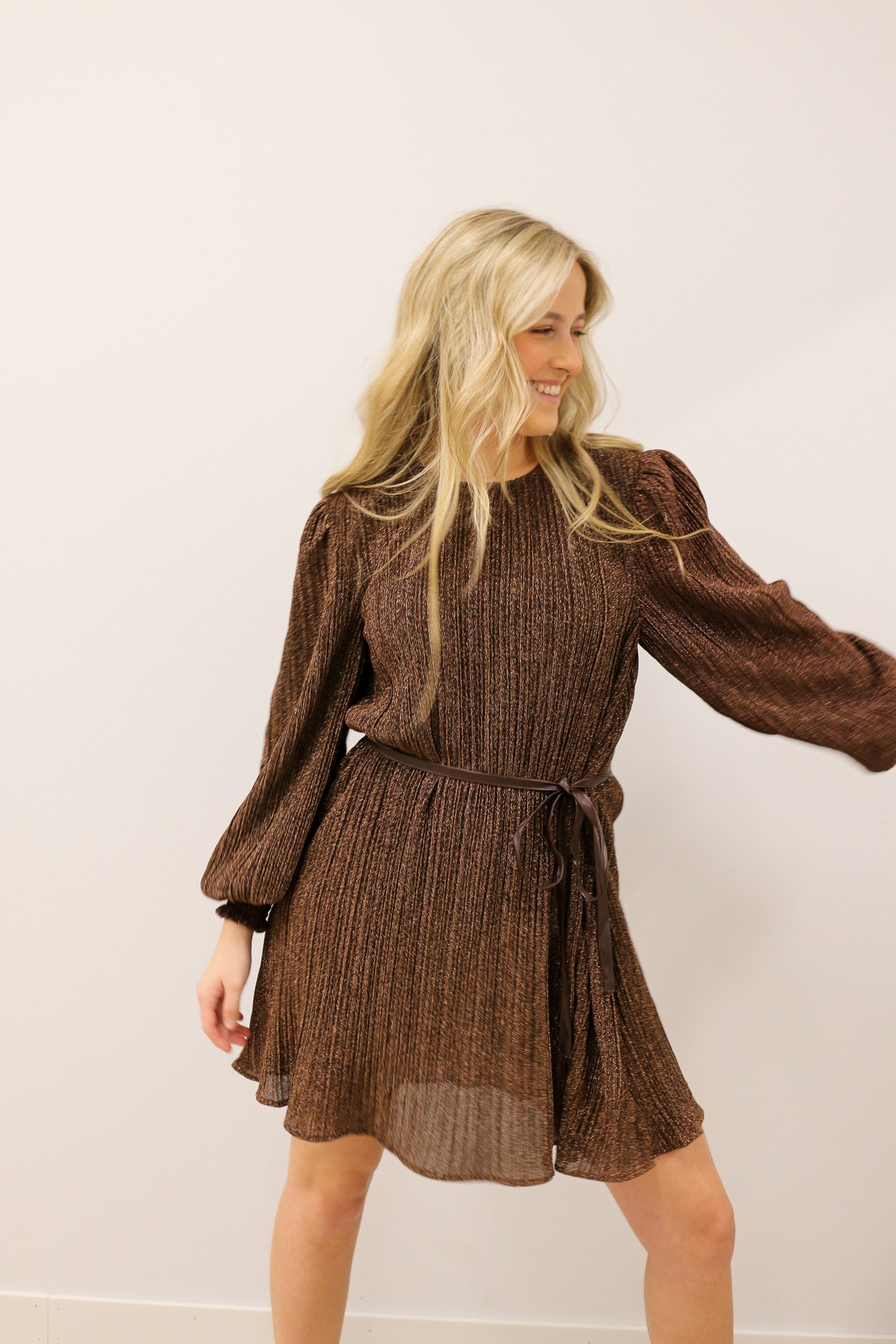 zSALE Payton Long Sleeve Metallic Shimmer Belted Mini Dress - Mocha