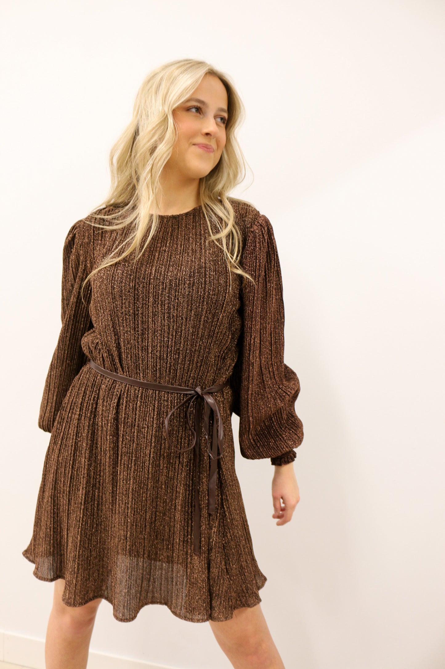 zSALE Payton Long Sleeve Metallic Shimmer Belted Mini Dress - Mocha