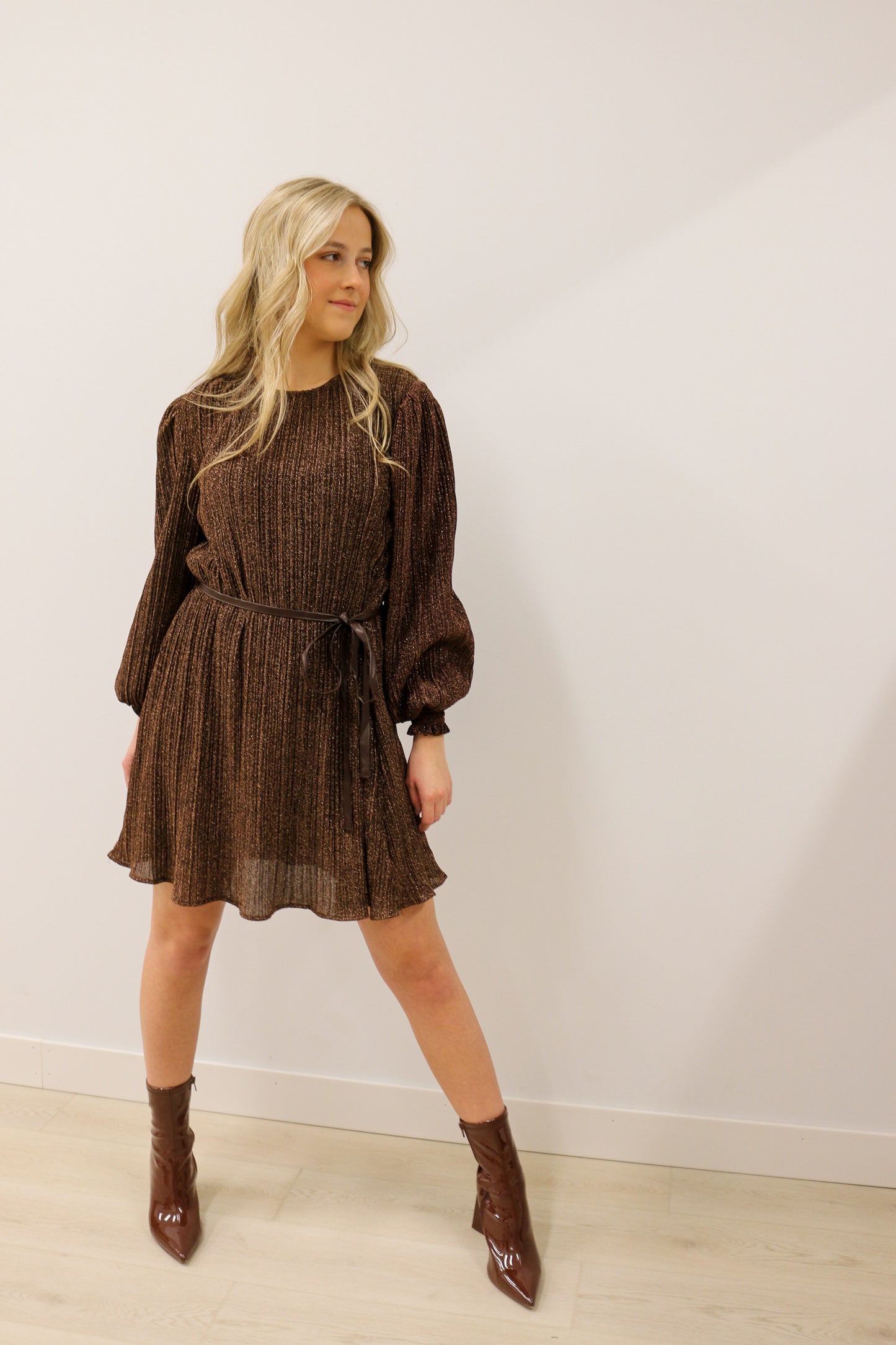 zSALE Payton Long Sleeve Metallic Shimmer Belted Mini Dress - Mocha