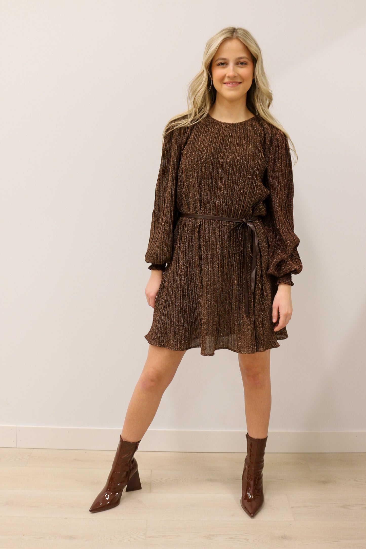 zSALE Payton Long Sleeve Metallic Shimmer Belted Mini Dress - Mocha