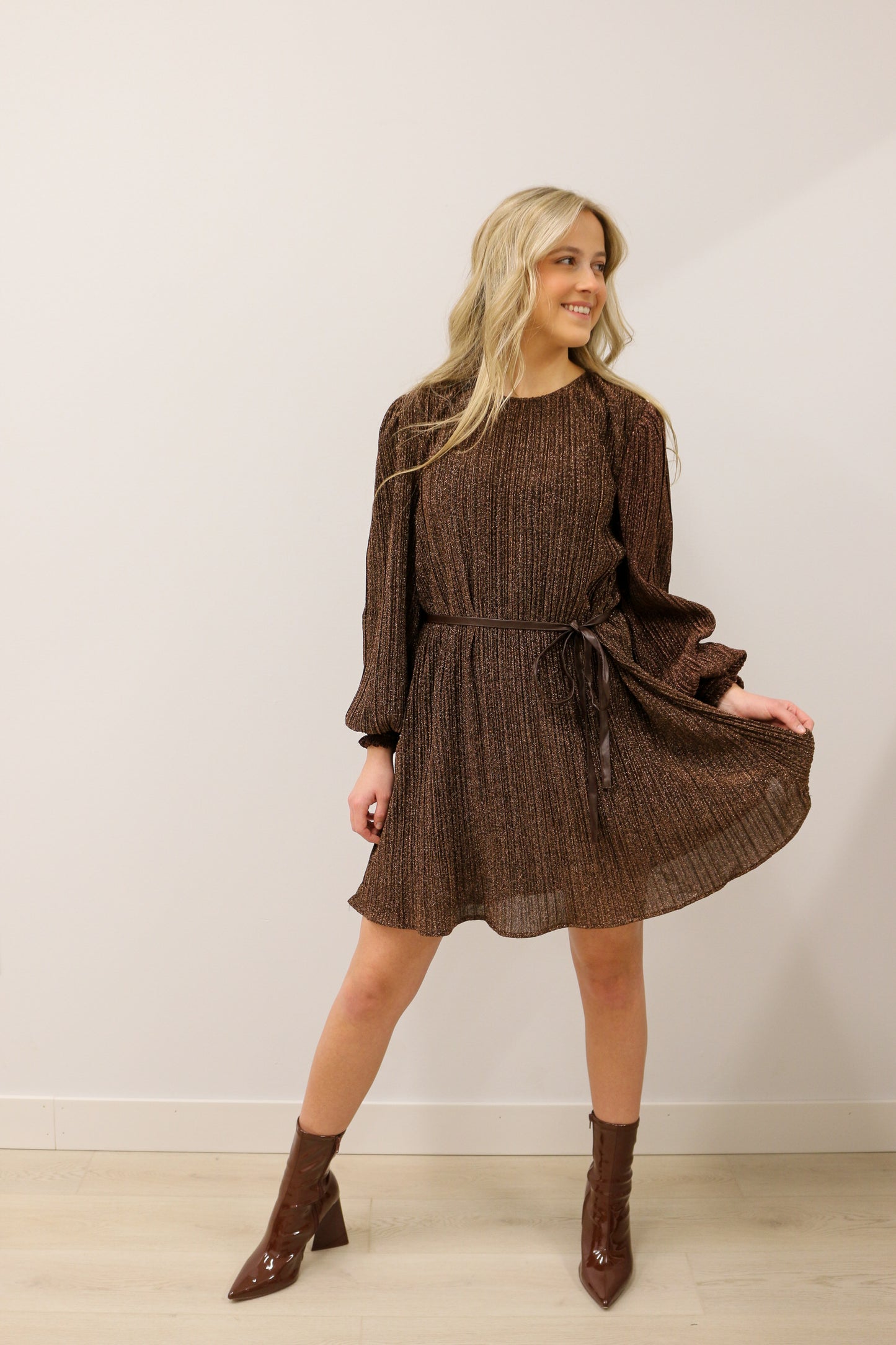 zSALE Payton Long Sleeve Metallic Shimmer Belted Mini Dress - Mocha