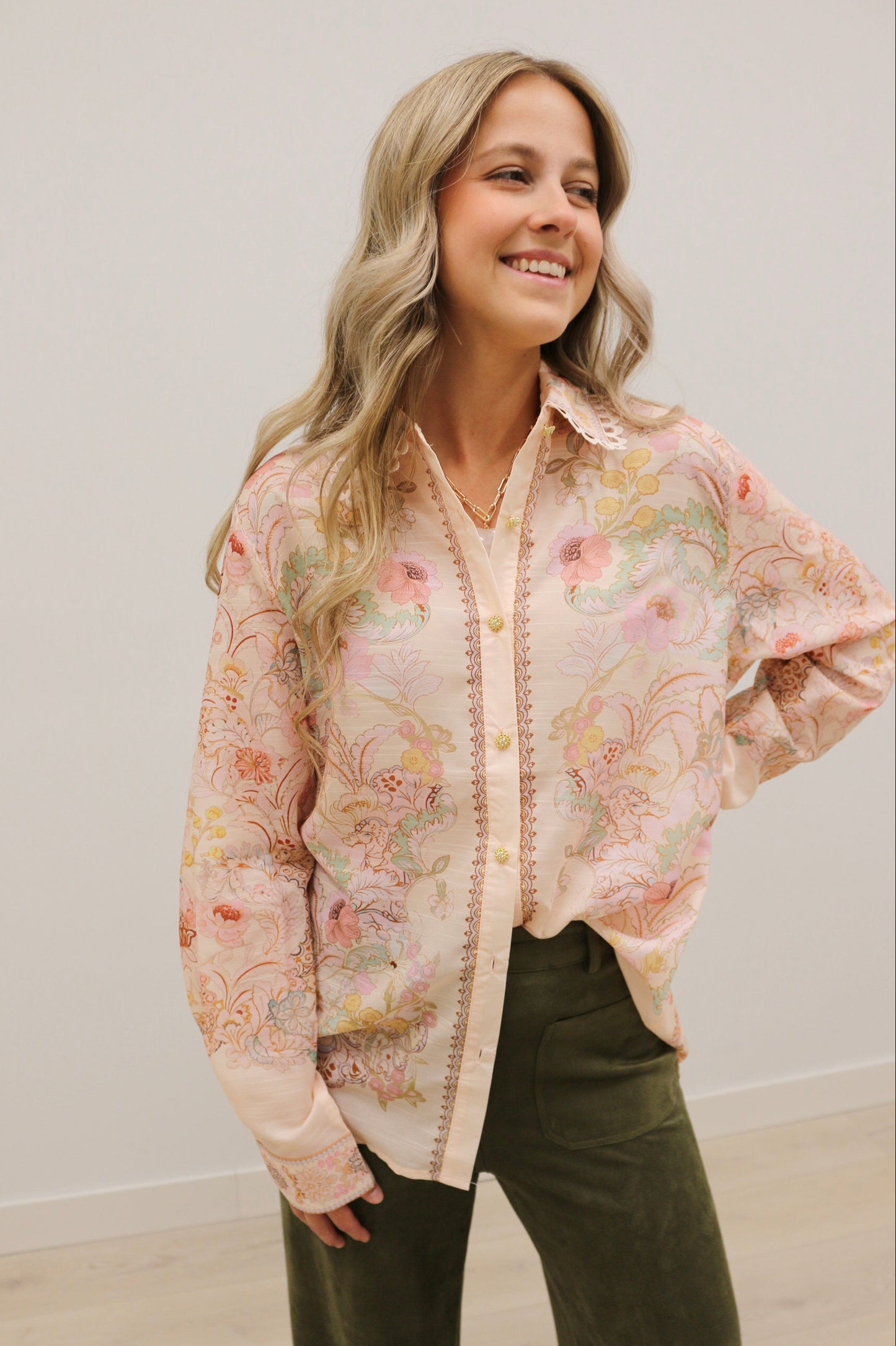 Lacera Long Sleeve Printed Button Up Blouse - Pink Multi