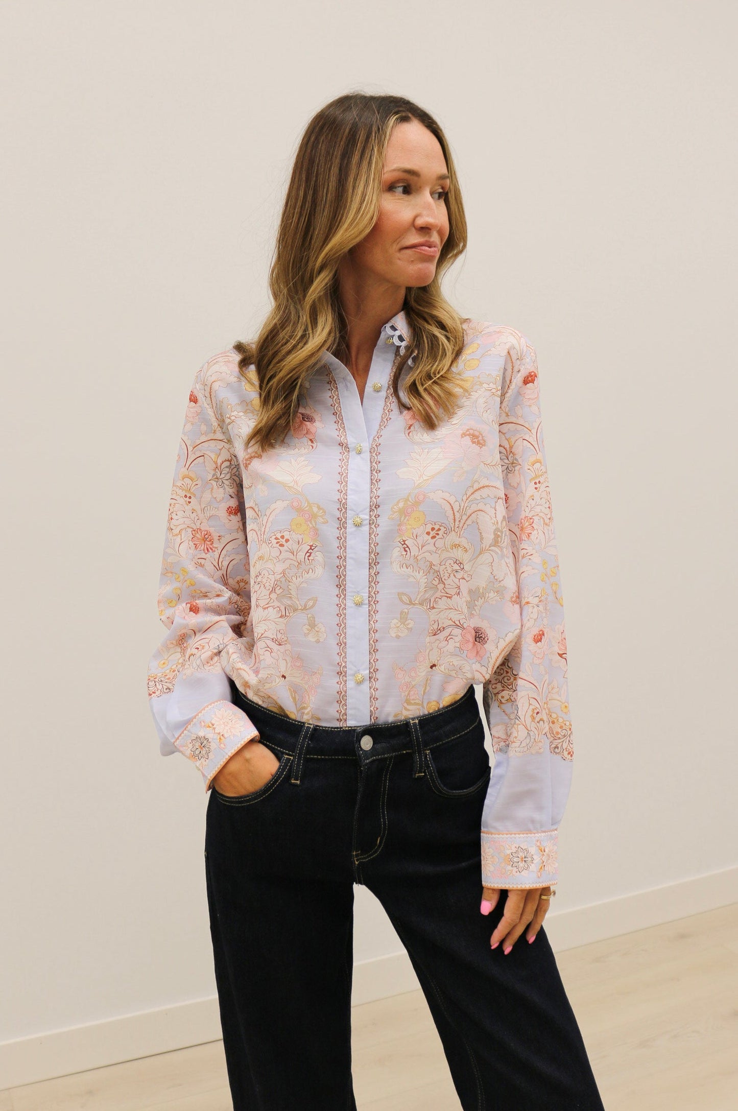 Lacera Long Sleeve Printed Button Up Blouse - Blue Multi