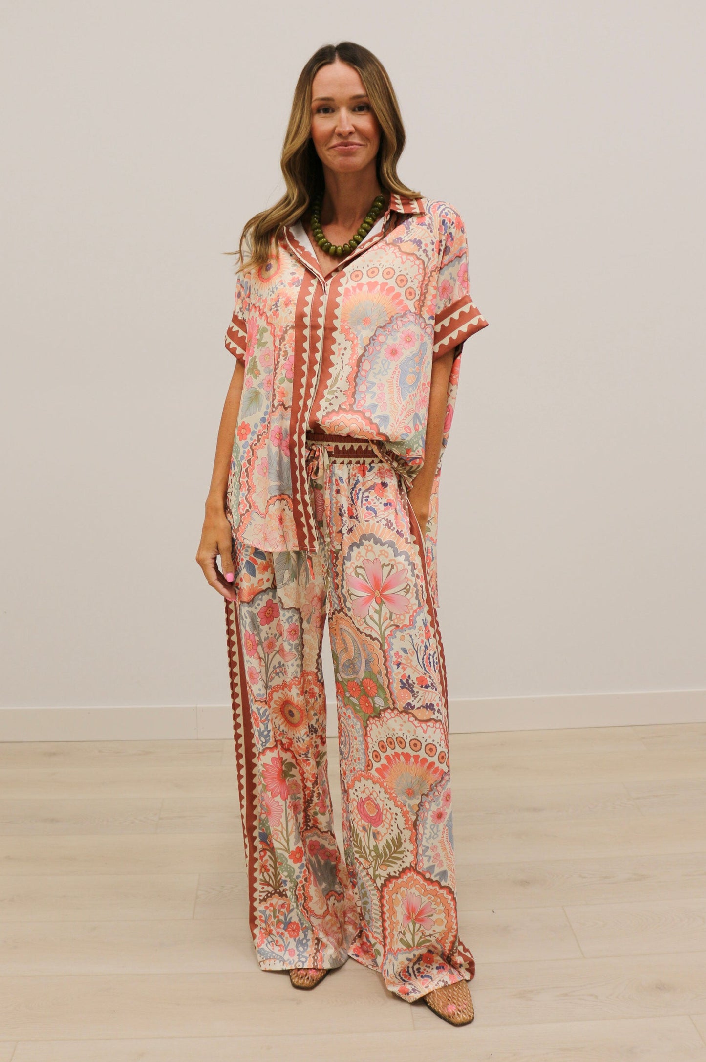 Grotta Printed Oversized Short Sleeve Button Up Blouse - Pink Multi