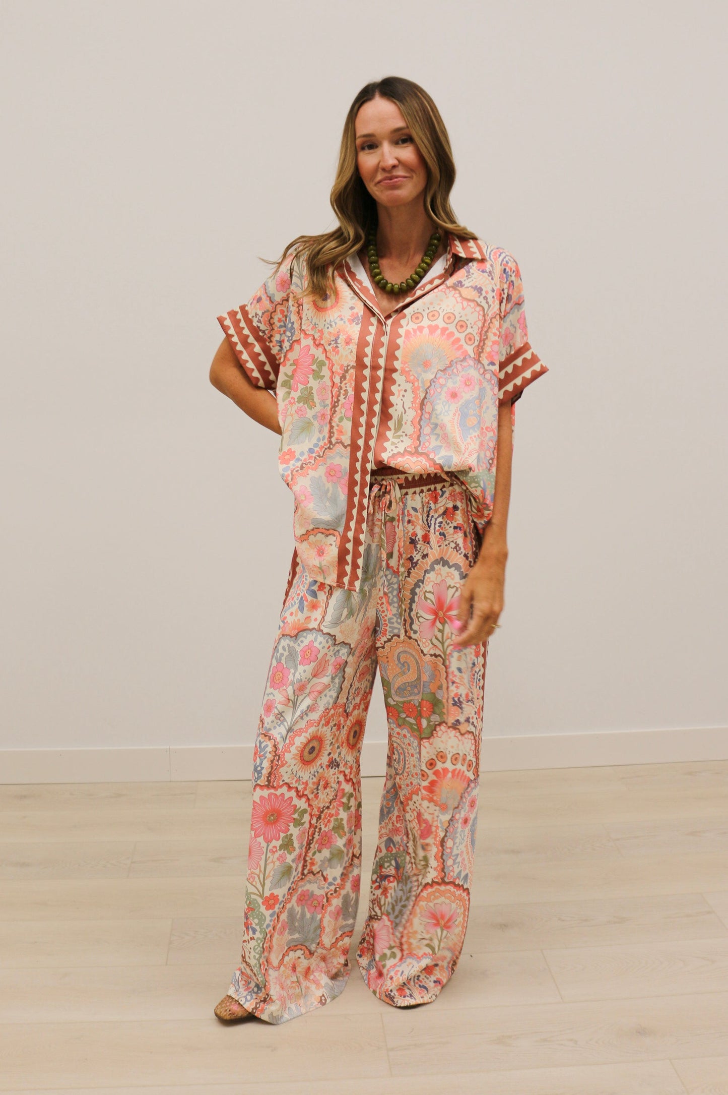 Grotta Printed High Waisted Wide Leg Pants - Pink Multi