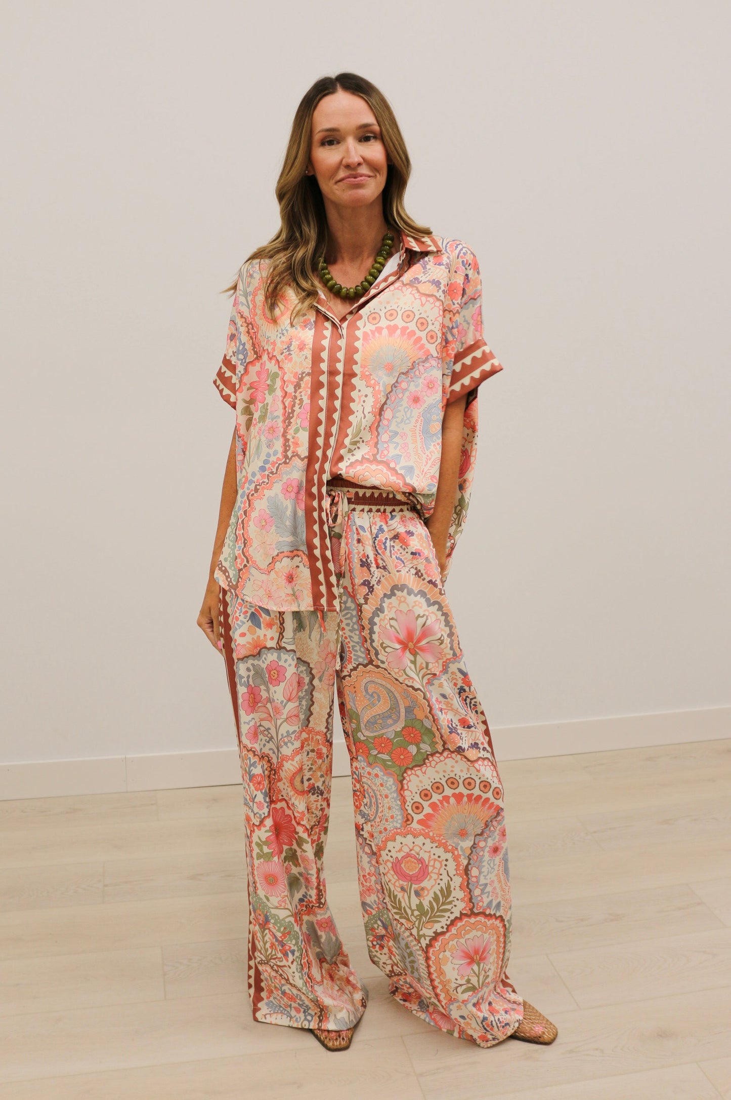 Grotta Printed High Waisted Wide Leg Pants - Pink Multi