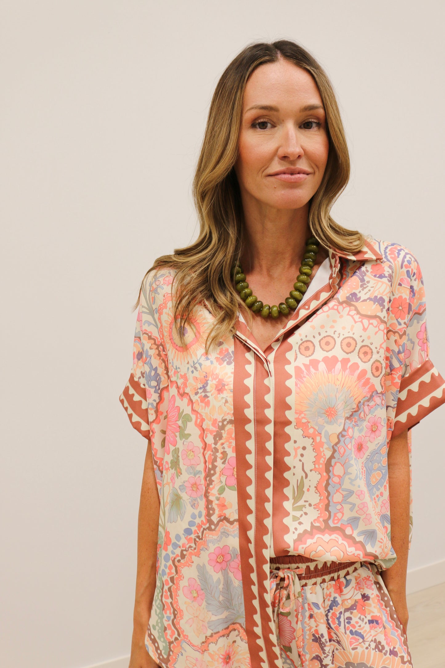Grotta Printed Oversized Short Sleeve Button Up Blouse - Pink Multi