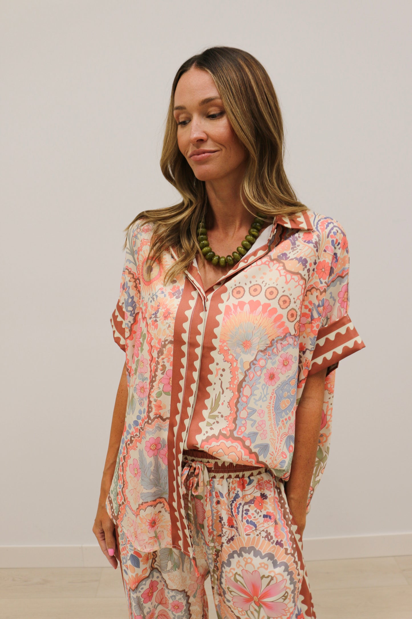 Grotta Printed Oversized Short Sleeve Button Up Blouse - Pink Multi