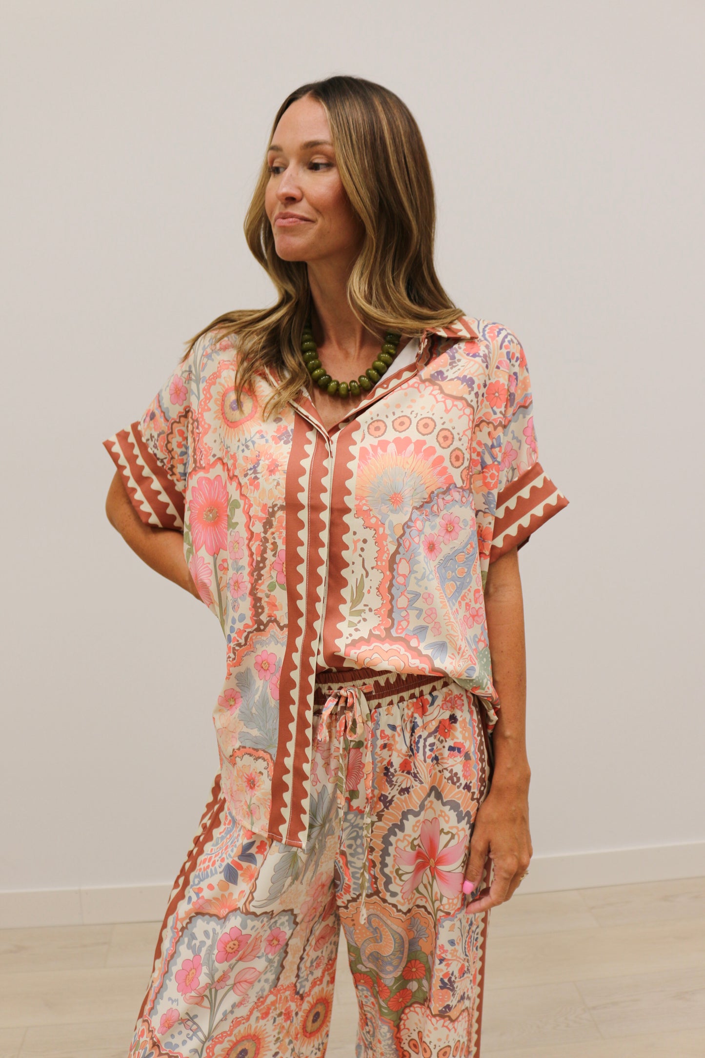 Grotta Printed Oversized Short Sleeve Button Up Blouse - Pink Multi