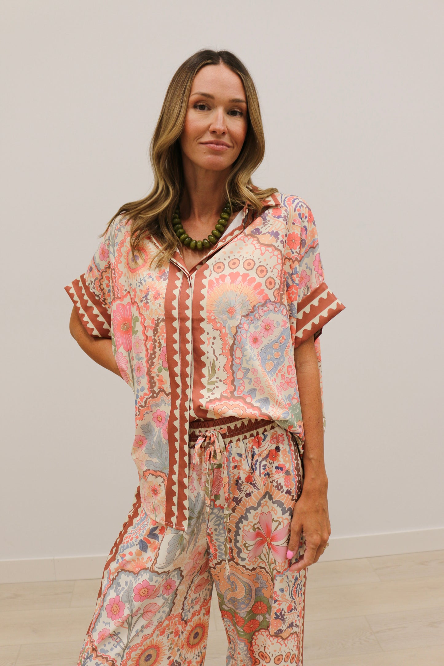 Grotta Printed Oversized Short Sleeve Button Up Blouse - Pink Multi