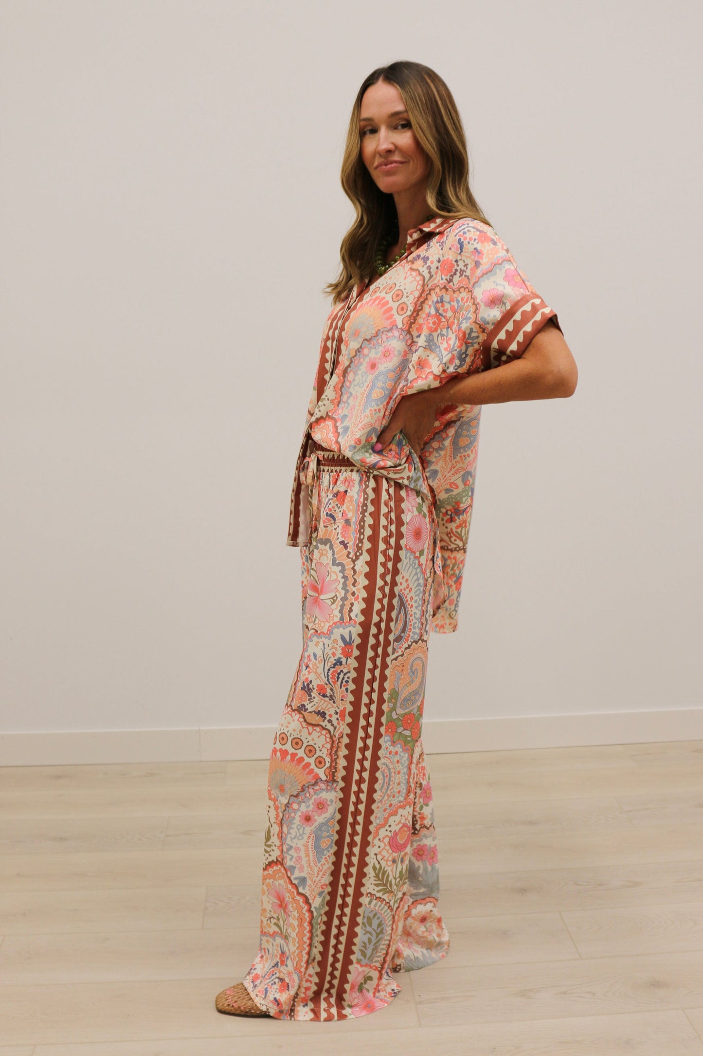 Grotta Printed High Waisted Wide Leg Pants - Pink Multi
