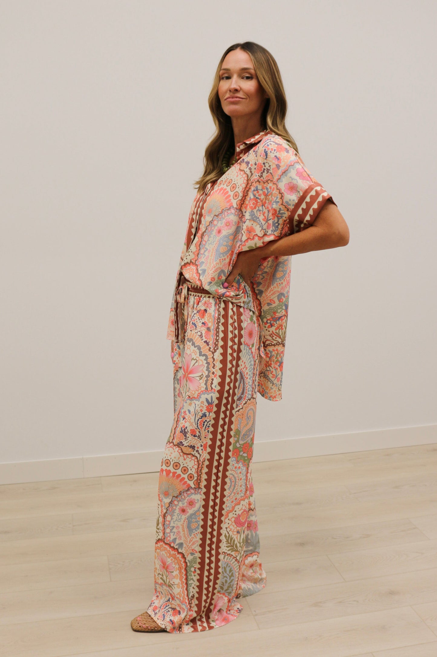Grotta Printed Oversized Short Sleeve Button Up Blouse - Pink Multi
