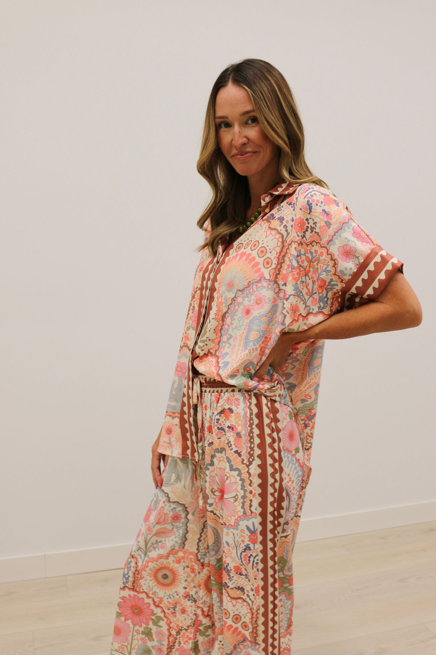 Grotta Printed Oversized Short Sleeve Button Up Blouse - Pink Multi