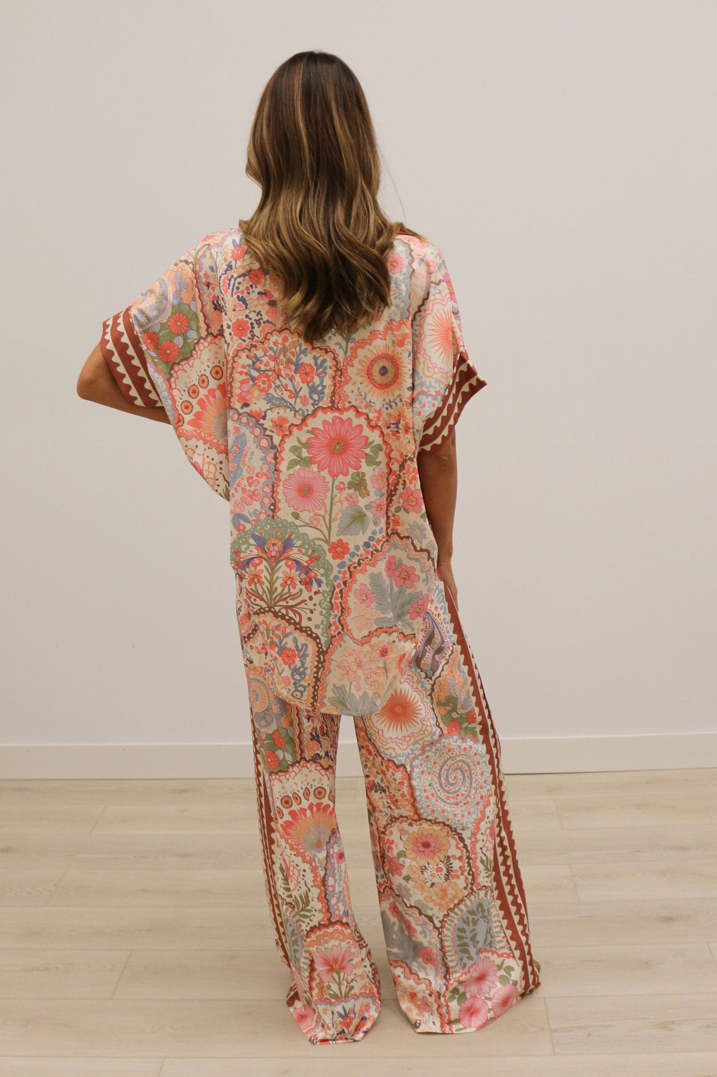 Grotta Printed Oversized Short Sleeve Button Up Blouse - Pink Multi