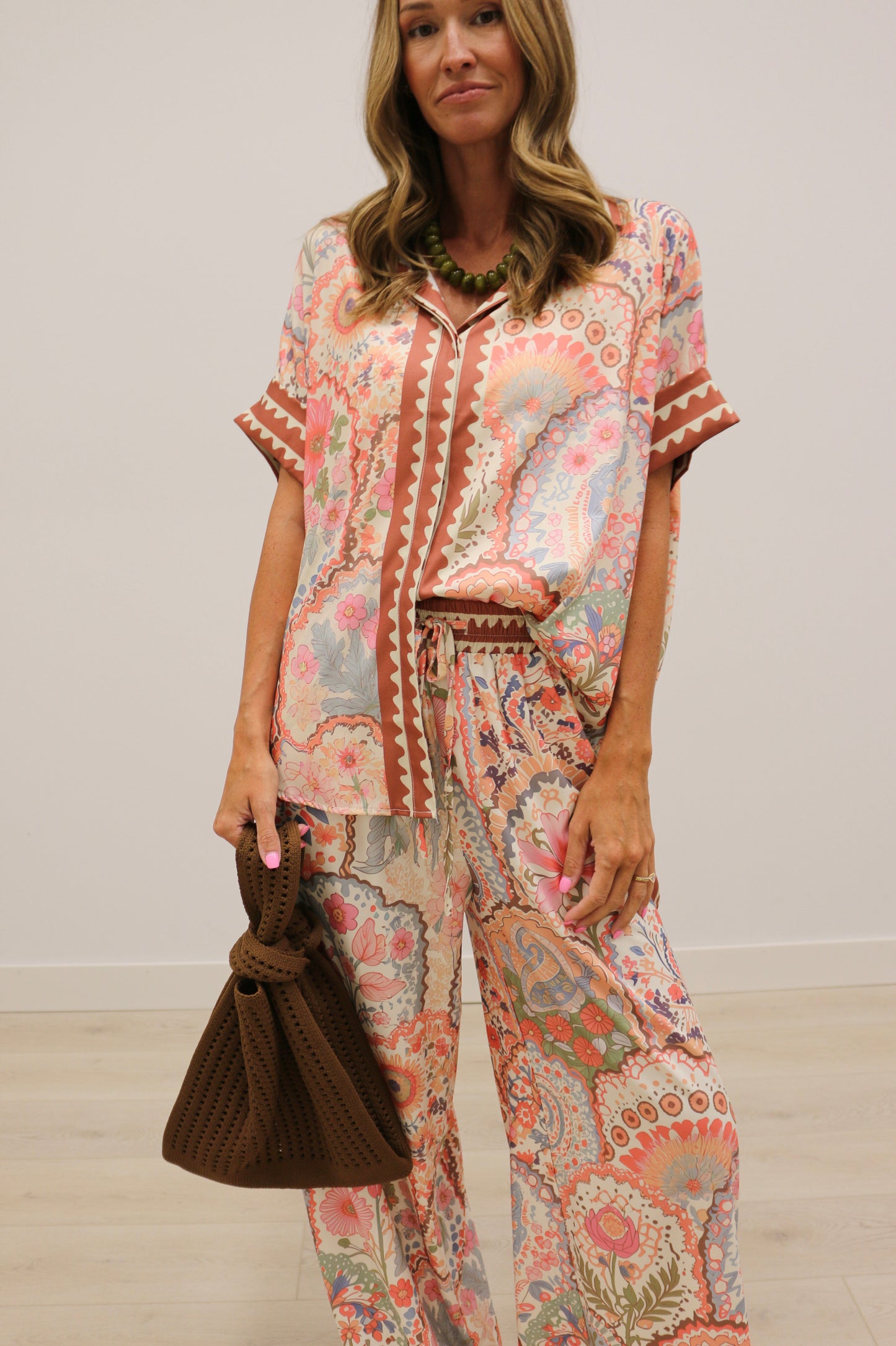 Grotta Printed Oversized Short Sleeve Button Up Blouse - Pink Multi