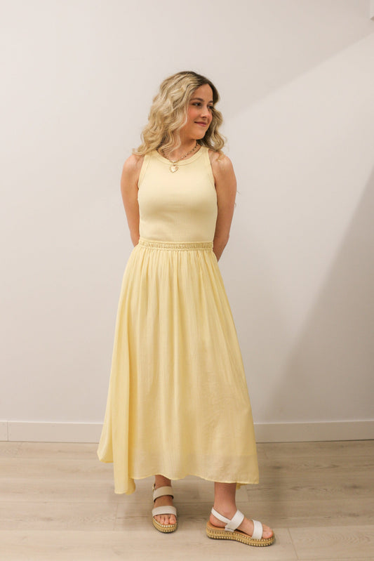 Mixed Media Ribbed Knit Top Midi Dress - Light Yellow
