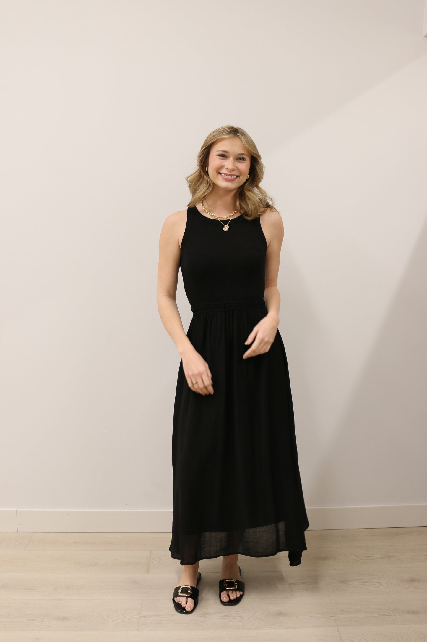 Mixed Media Ribbed Knit Tank Top Midi Dress - Black