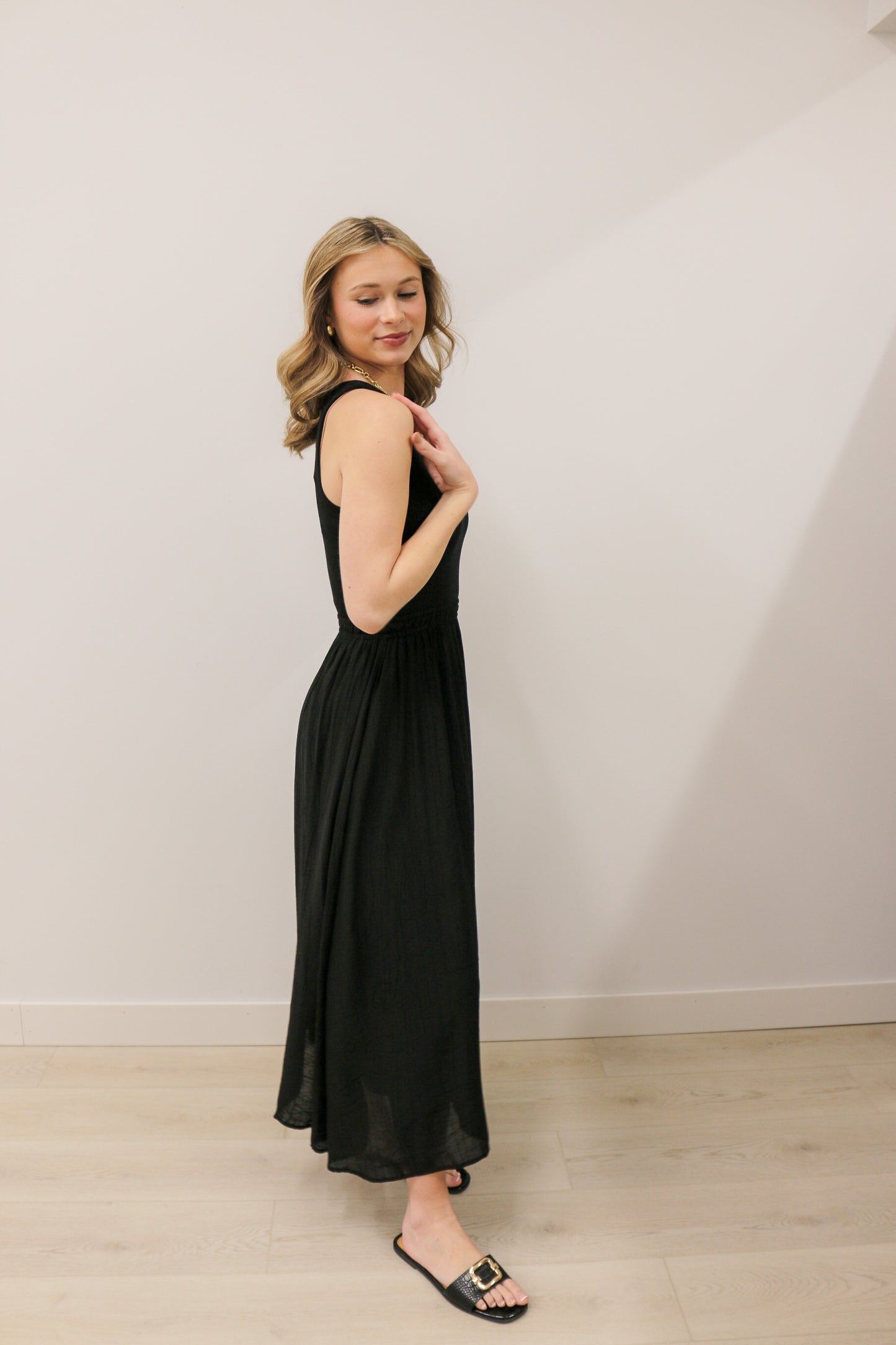 Mixed Media Ribbed Knit Tank Top Midi Dress - Black