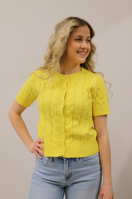 Cable Knit Short Sleeve Button Front Knit Cardigan - Lemon Yellow