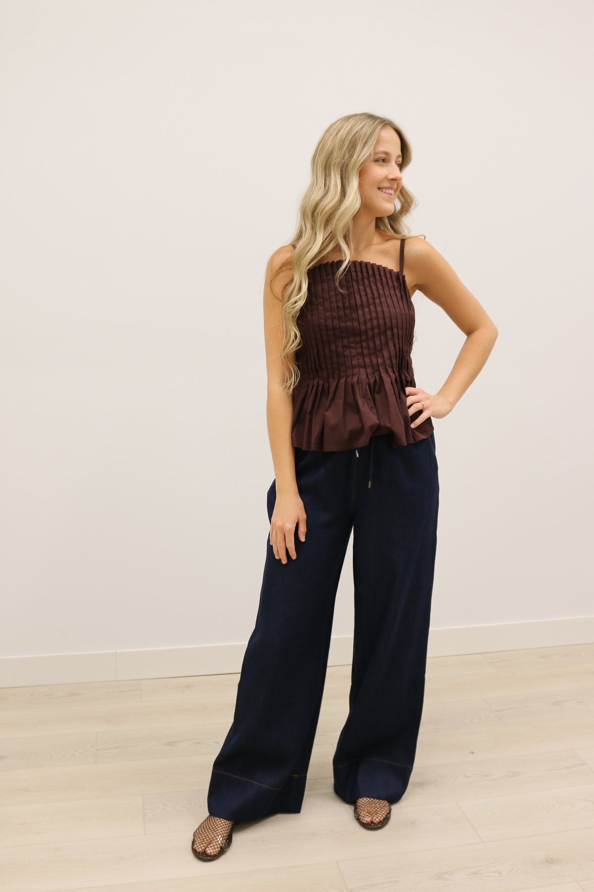 Mollie Vertical Pleated Bodice Round Neckline Tank - Brown