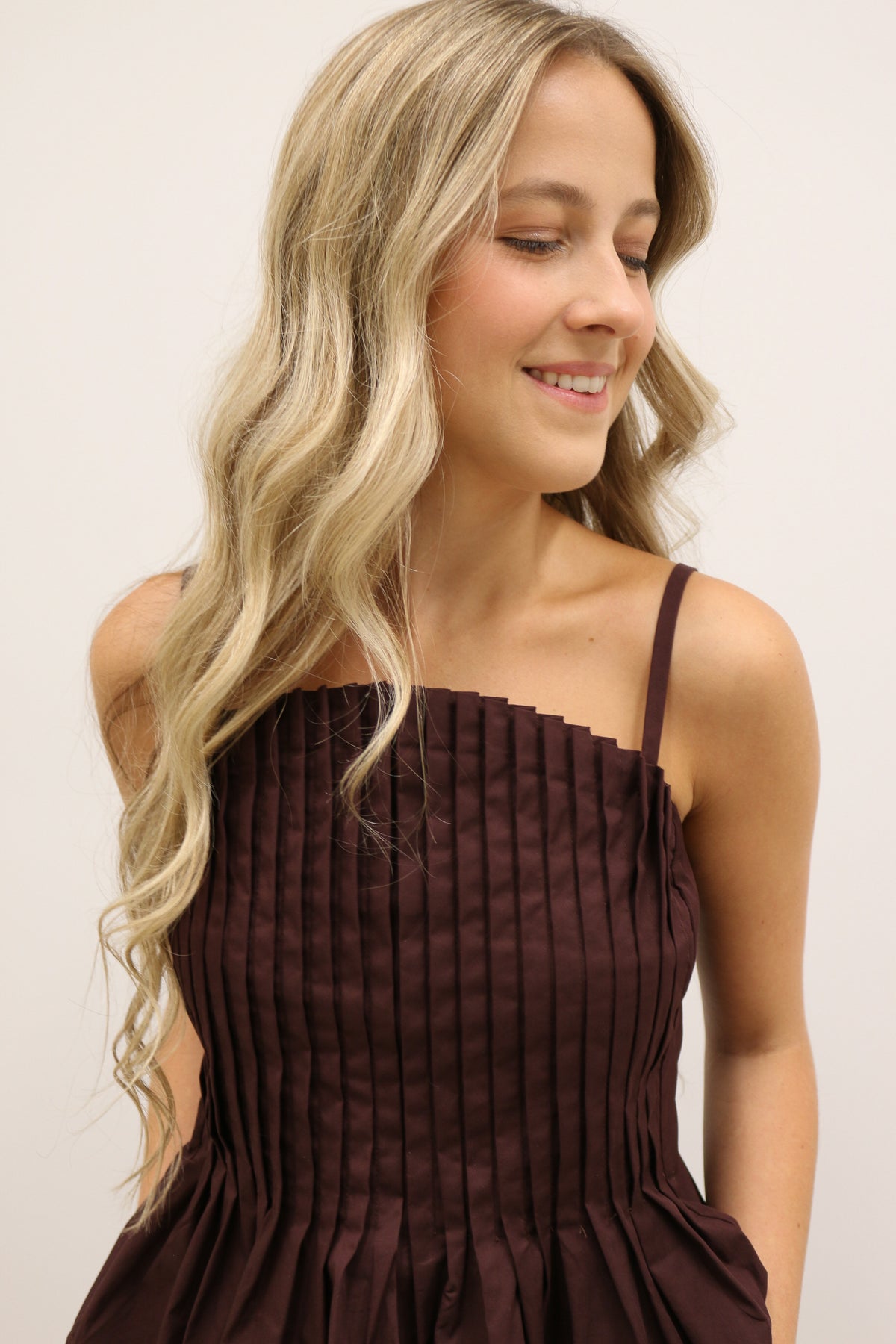 Mollie Vertical Pleated Bodice Round Neckline Tank - Brown