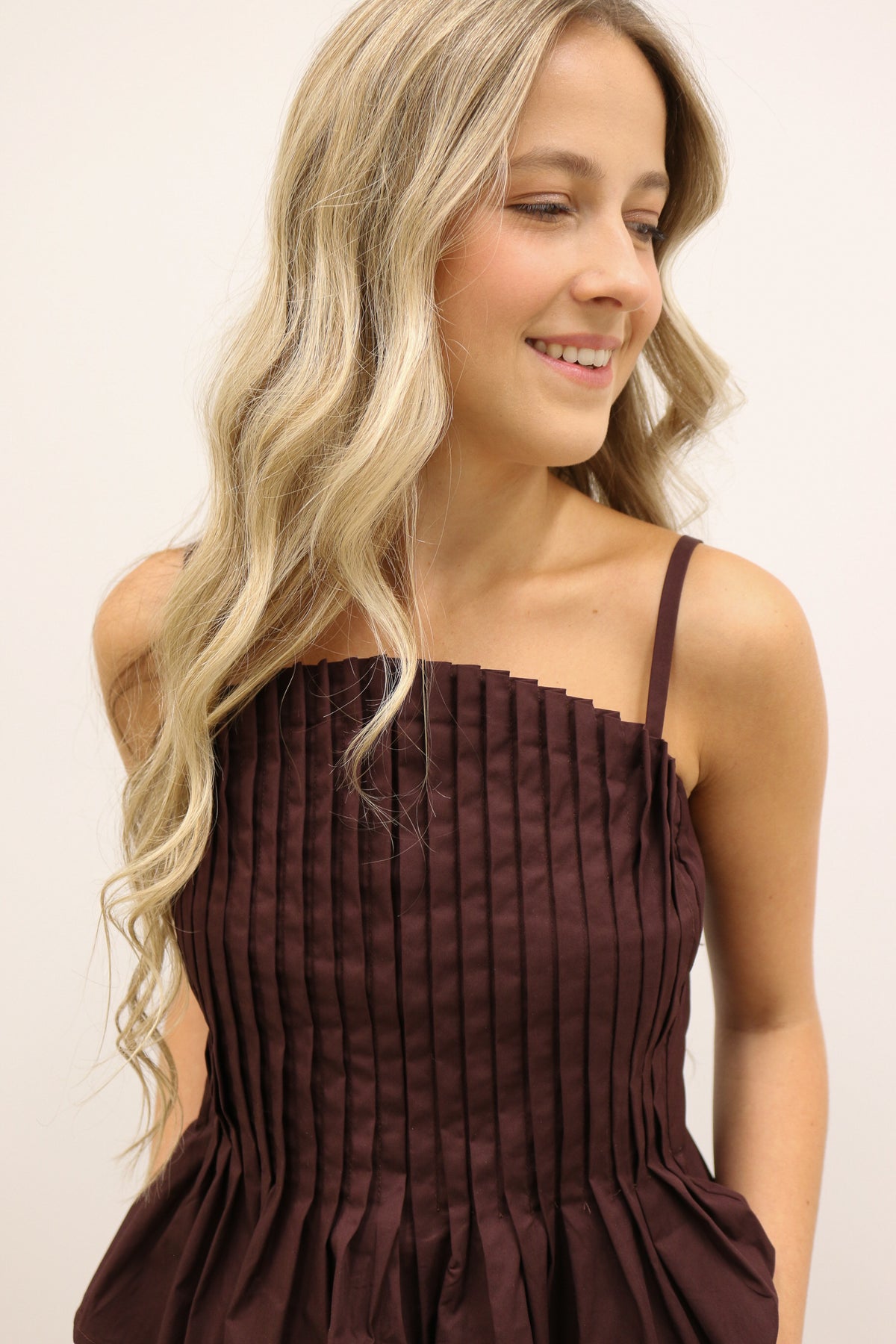 Mollie Vertical Pleated Bodice Round Neckline Tank - Brown