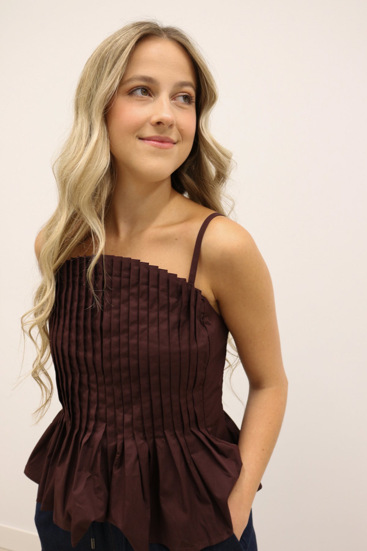 Mollie Vertical Pleated Bodice Round Neckline Tank - Brown