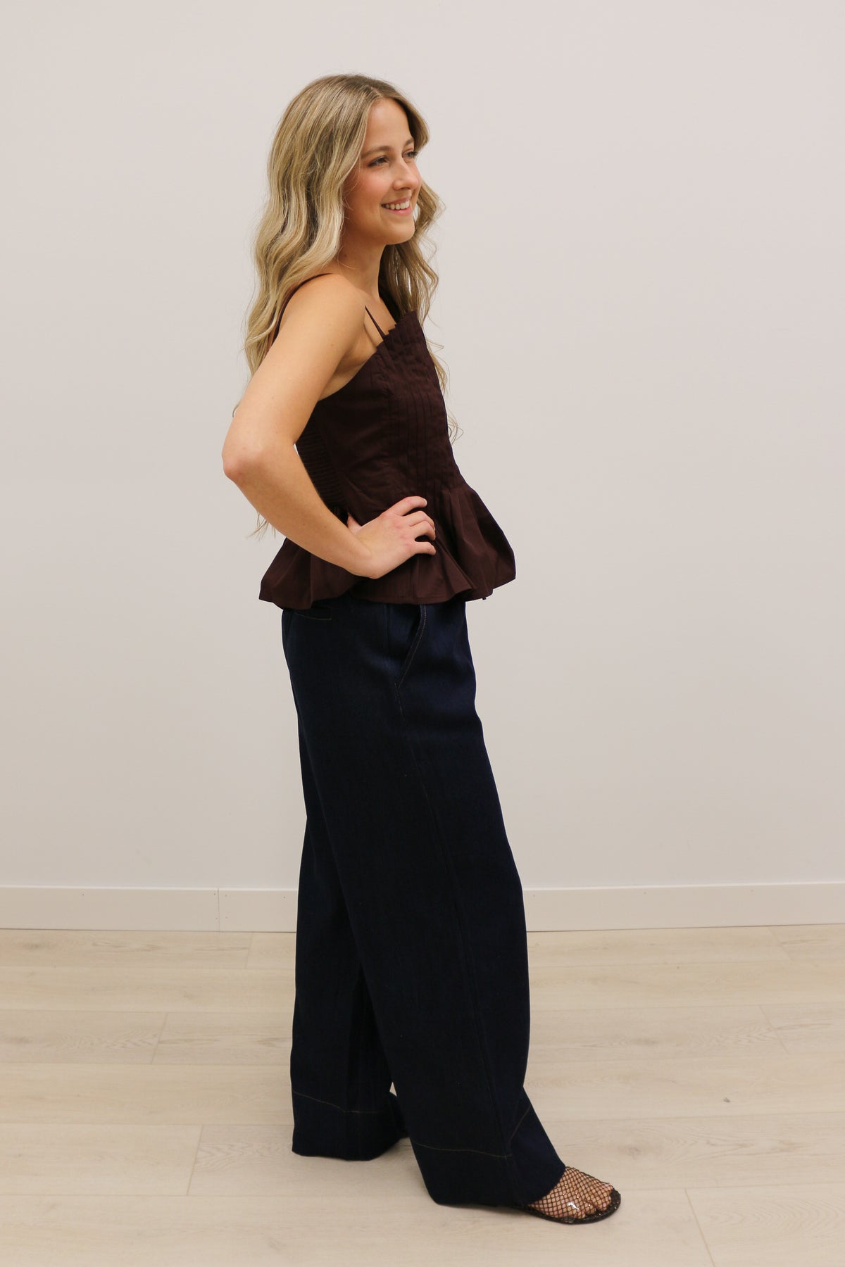 Mollie Vertical Pleated Bodice Round Neckline Tank - Brown
