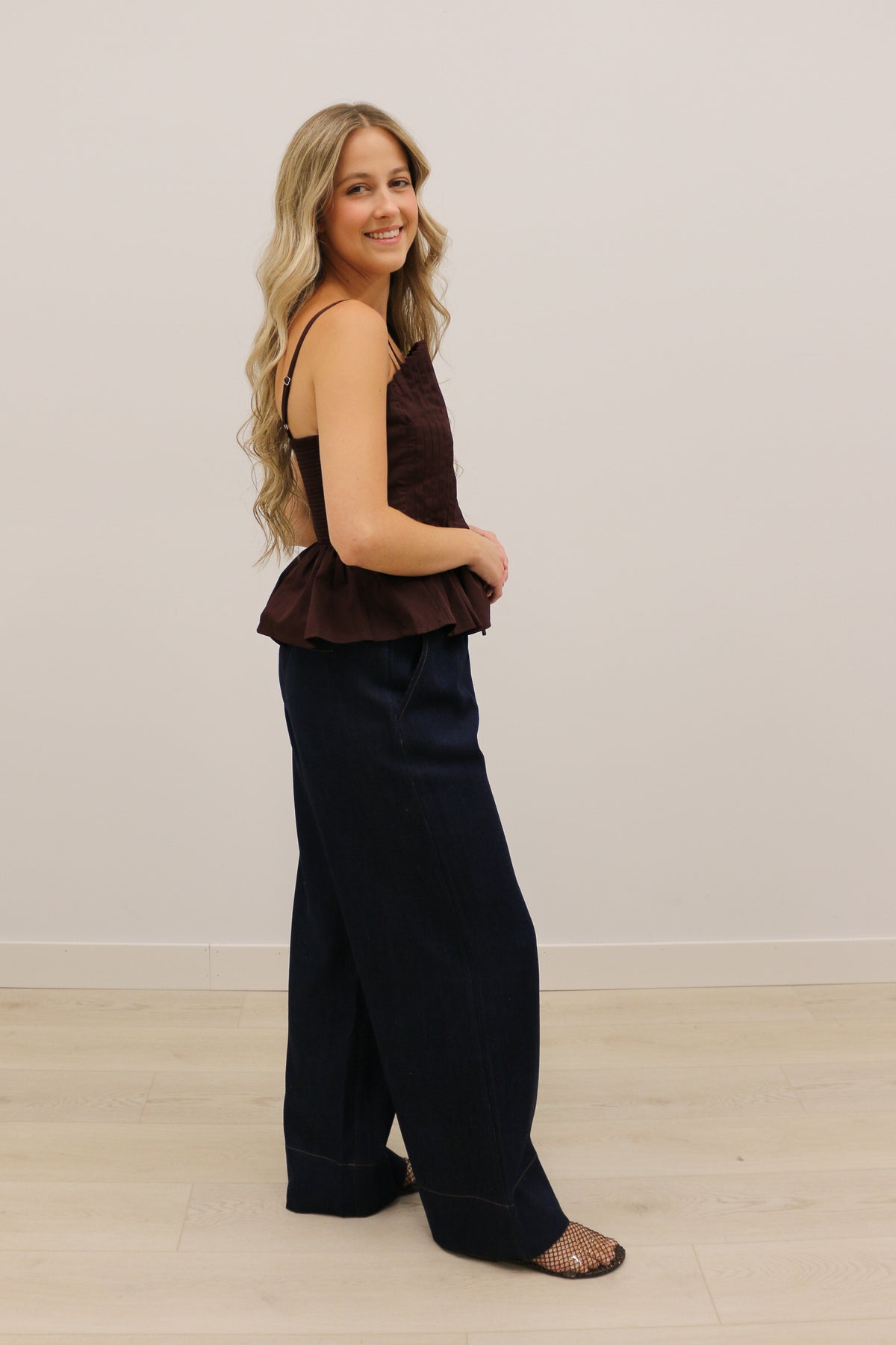 Mollie Vertical Pleated Bodice Round Neckline Tank - Brown