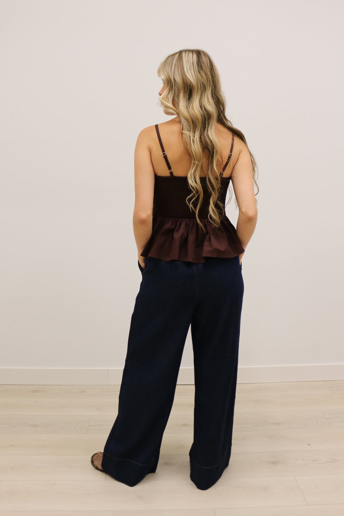 Mollie Vertical Pleated Bodice Round Neckline Tank - Brown
