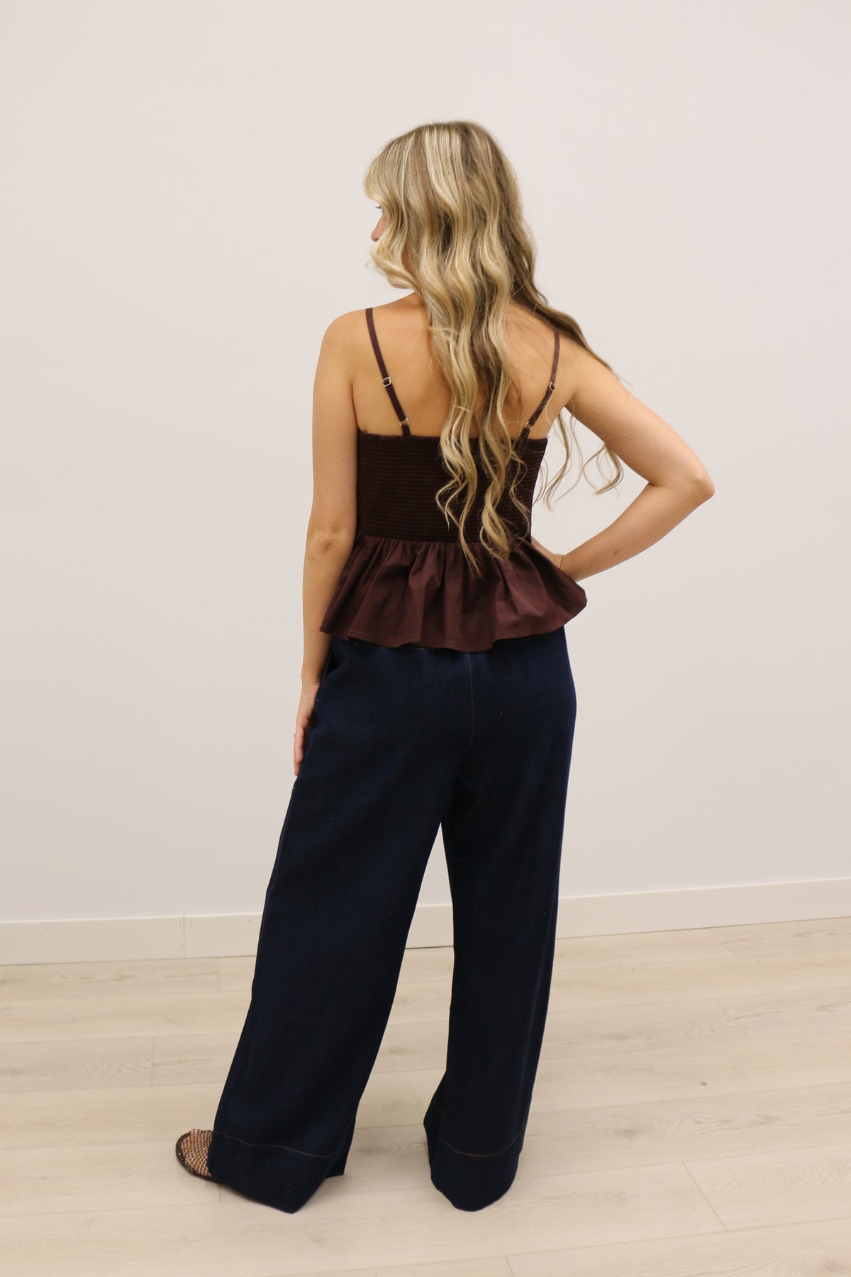 Mollie Vertical Pleated Bodice Round Neckline Tank - Brown