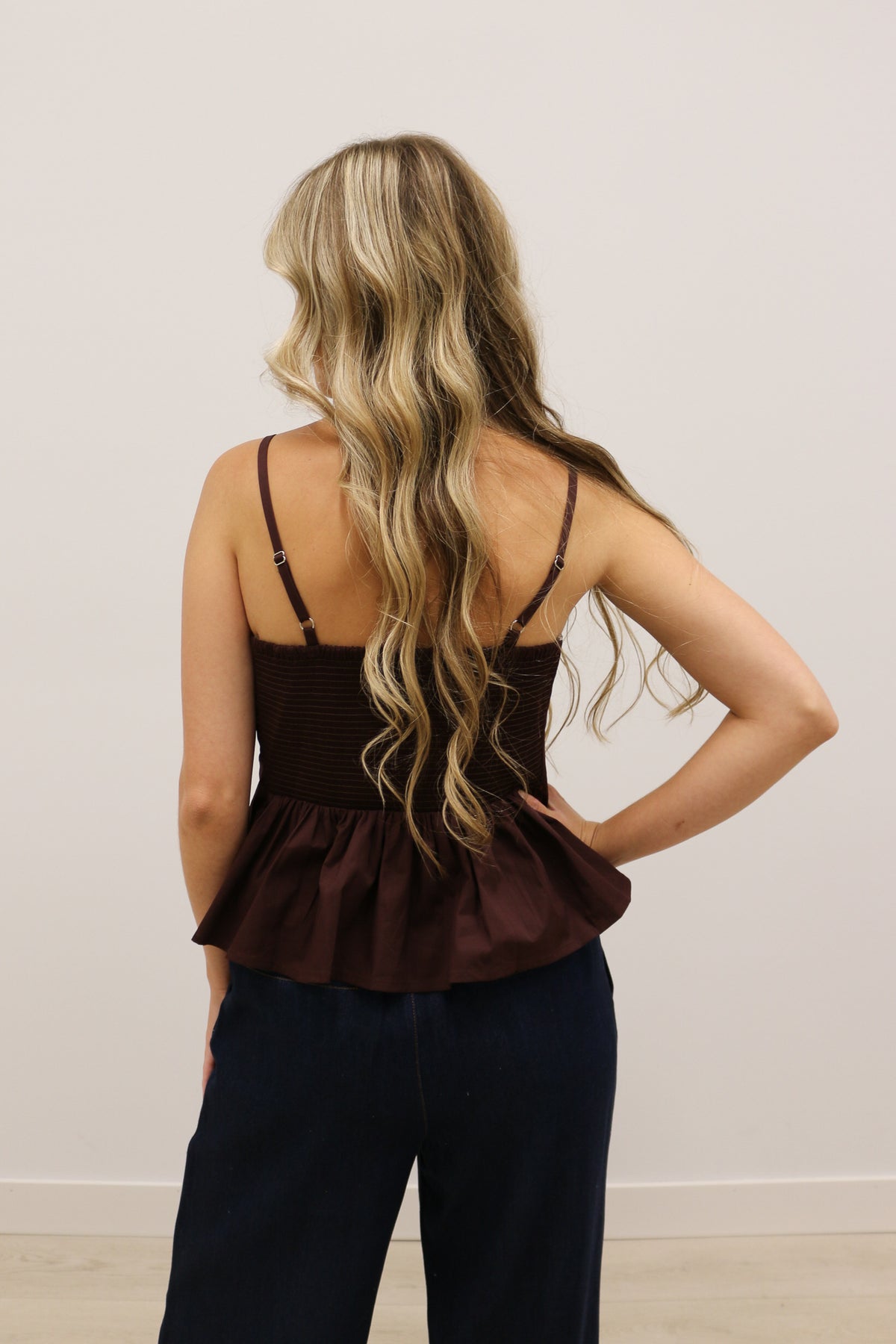 Mollie Vertical Pleated Bodice Round Neckline Tank - Brown