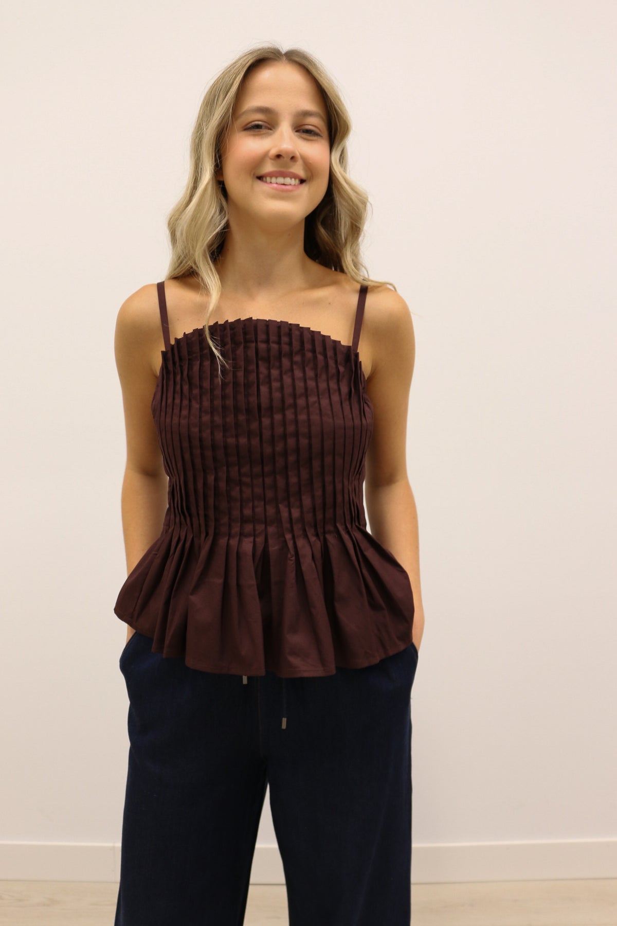 Mollie Vertical Pleated Bodice Round Neckline Tank - Brown
