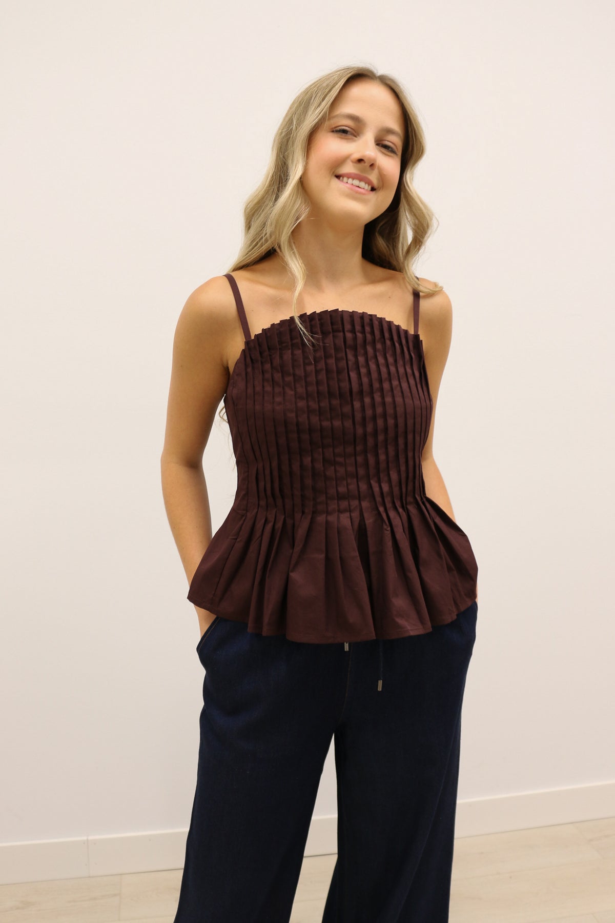 Mollie Vertical Pleated Bodice Round Neckline Tank - Brown