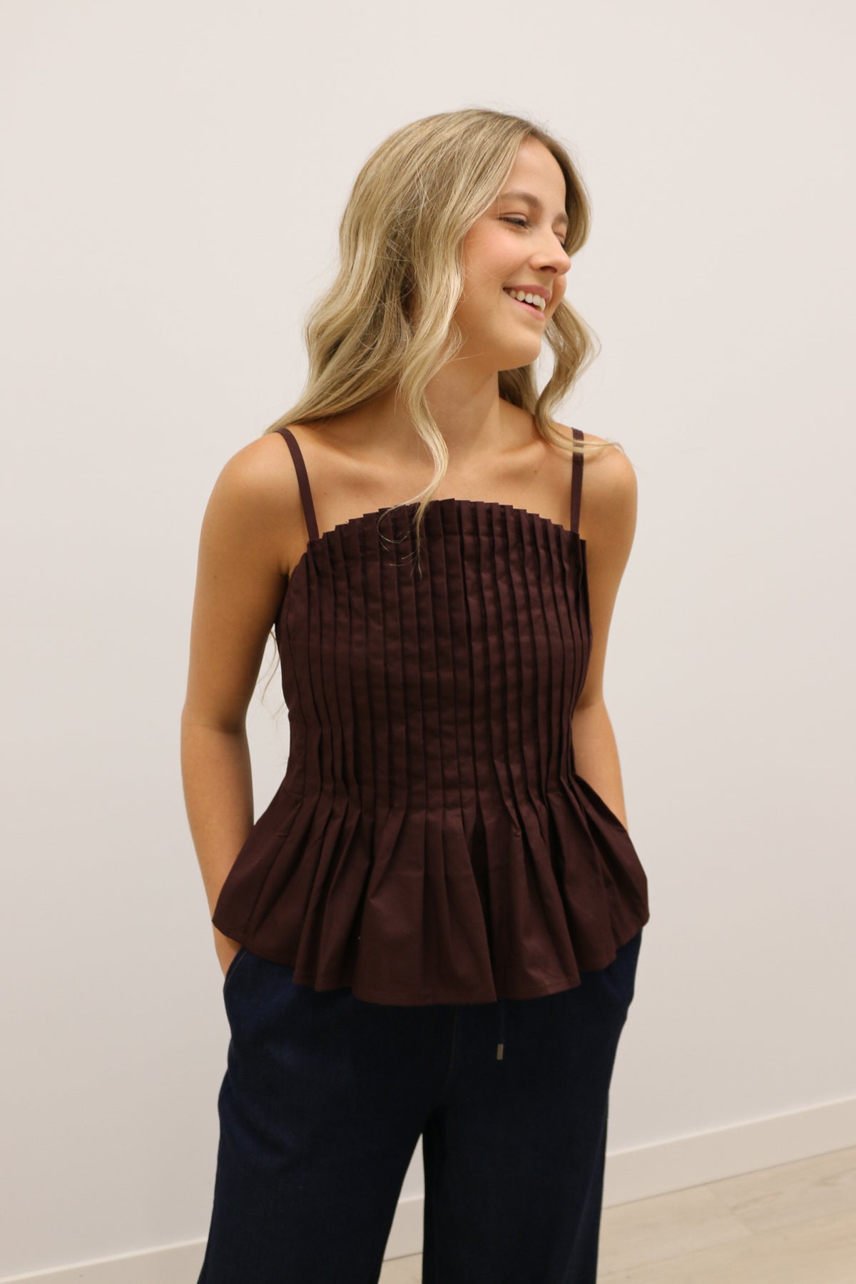 Mollie Vertical Pleated Bodice Round Neckline Tank - Brown