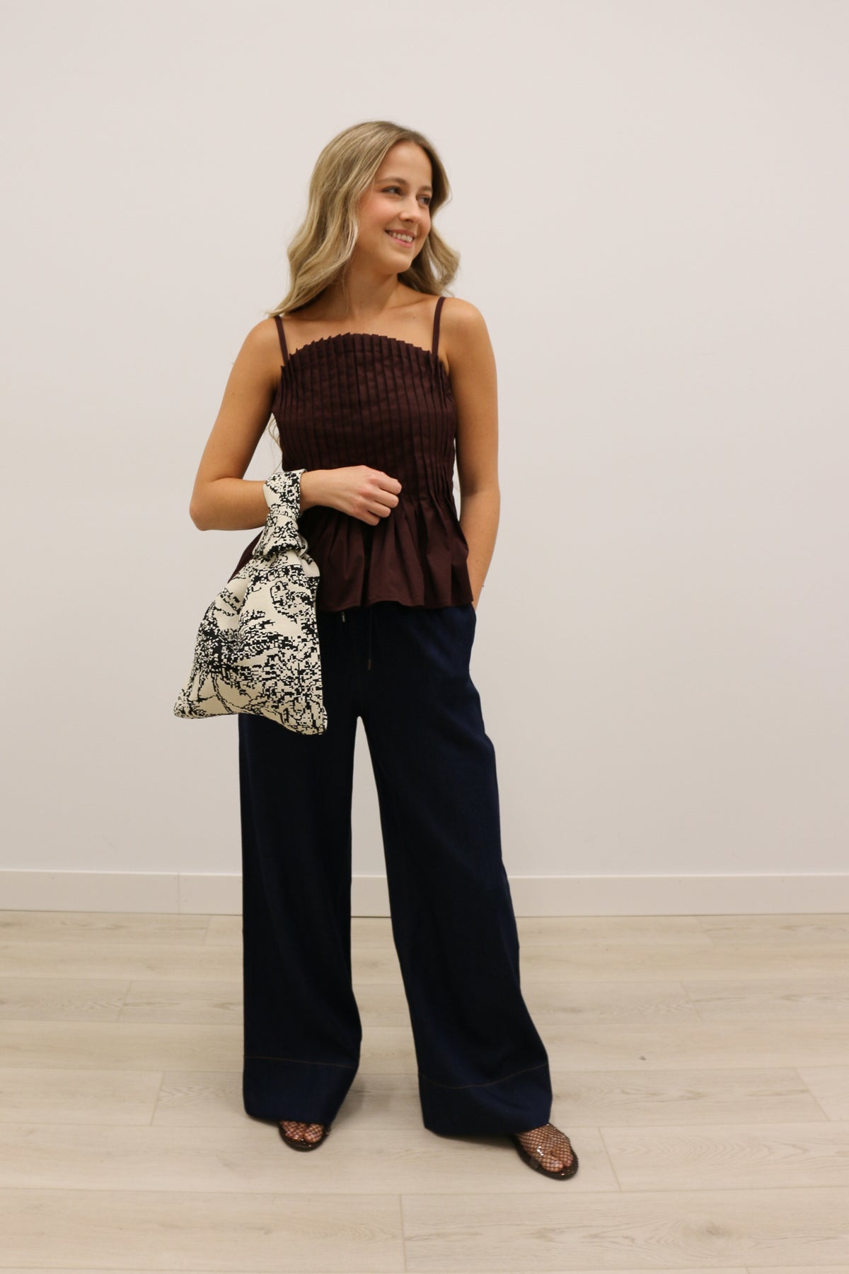 Mollie Vertical Pleated Bodice Round Neckline Tank - Brown