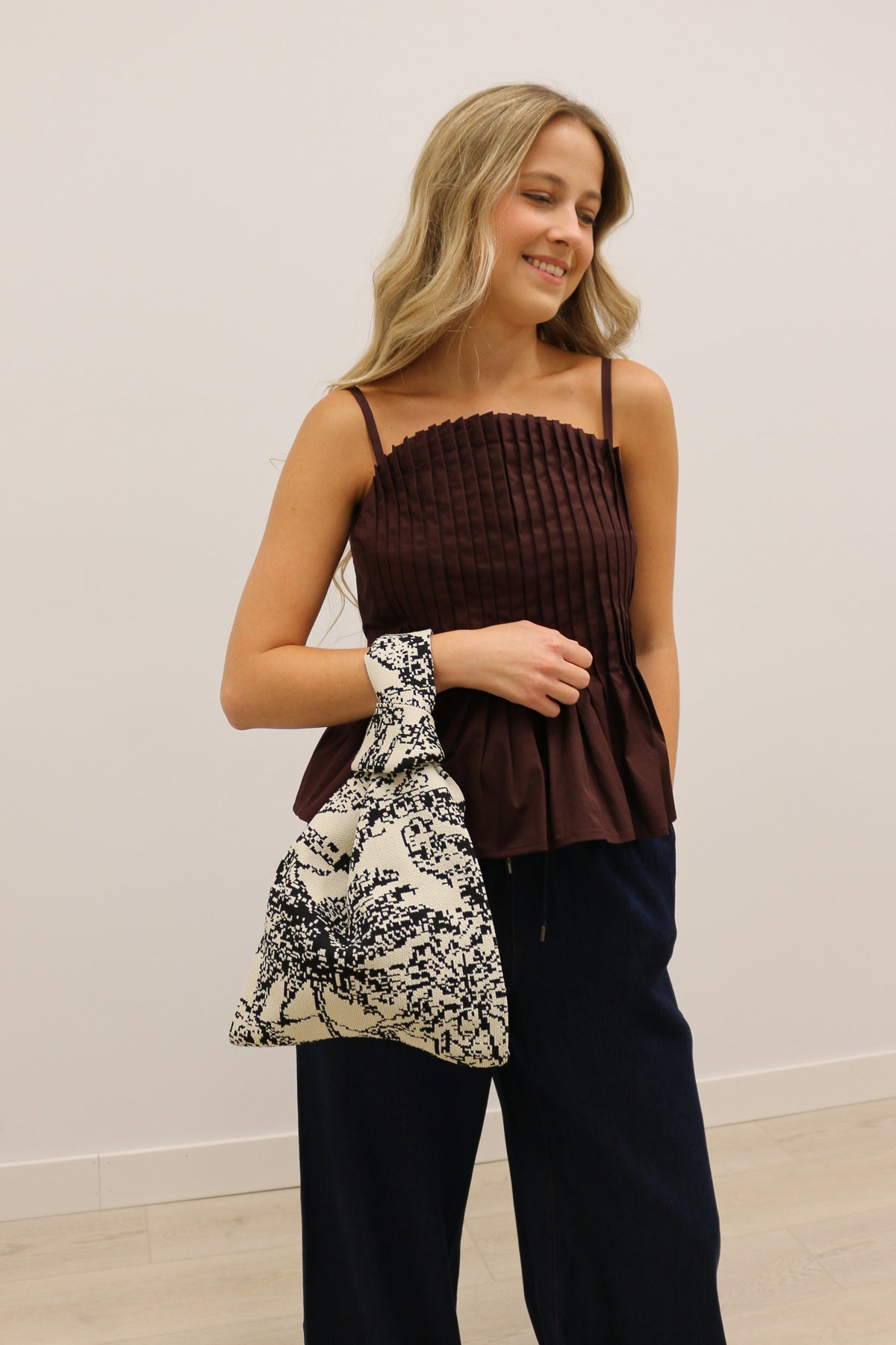 Mollie Vertical Pleated Bodice Round Neckline Tank - Brown
