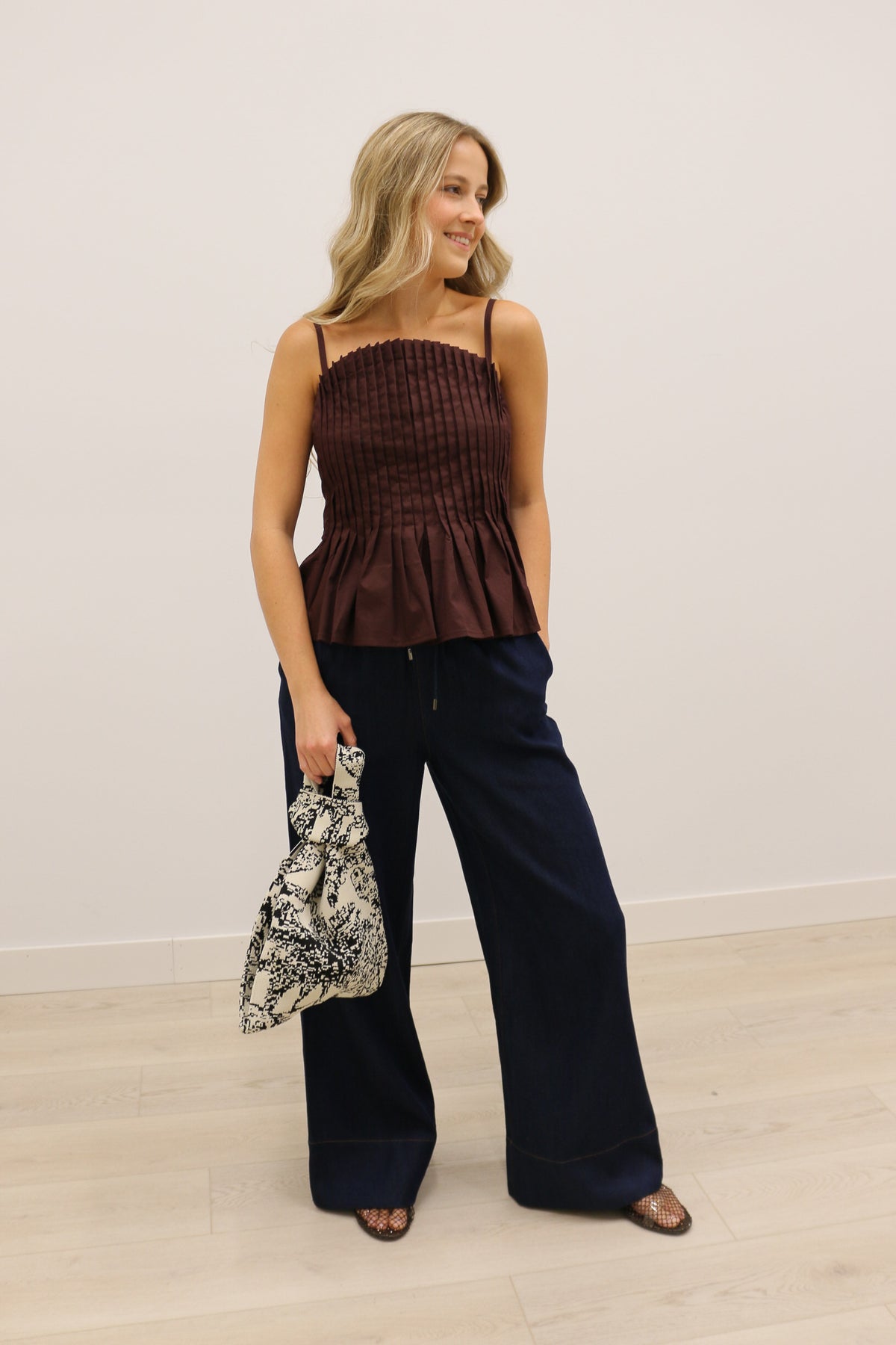 Mollie Vertical Pleated Bodice Round Neckline Tank - Brown