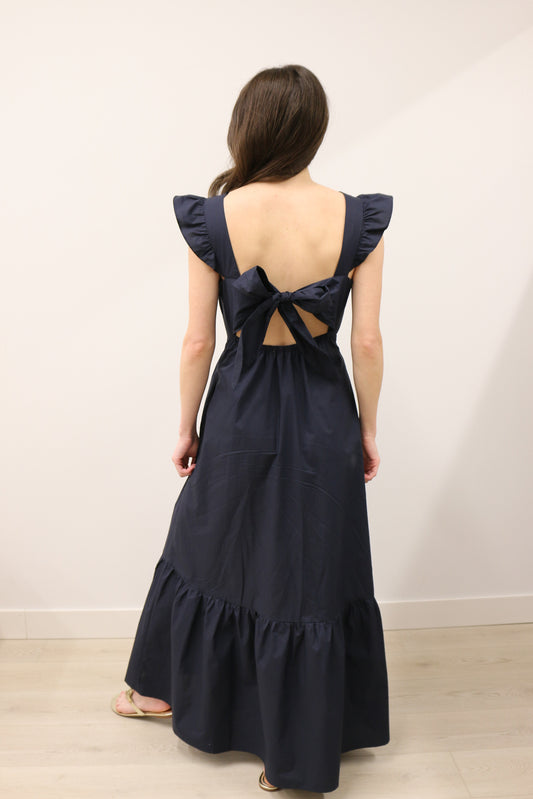 V-Neckline Bow Tie Back Poplin Maxi Dress - Navy Blue