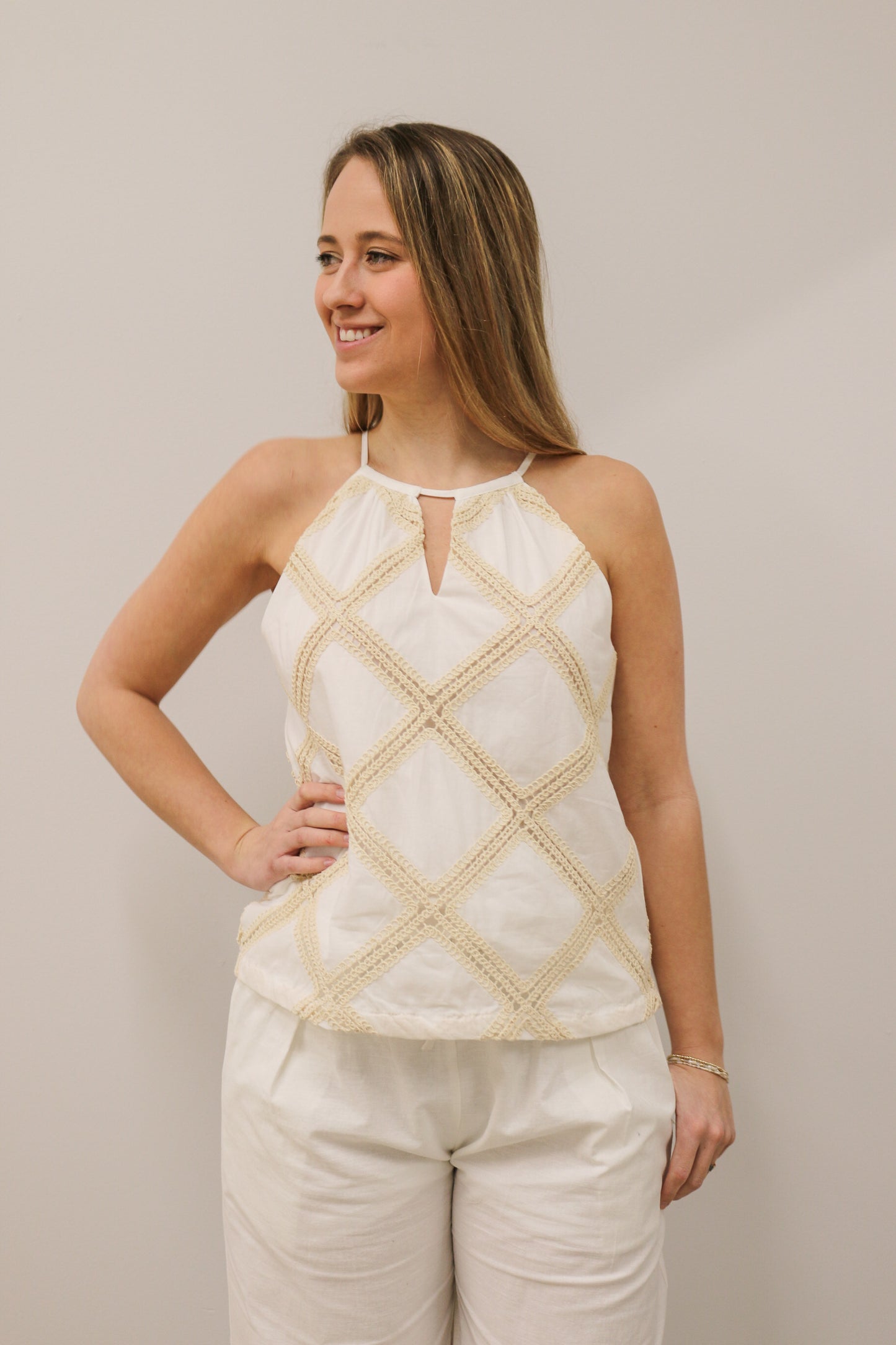 Crochet Detail Lightweight Halter Tank Top - Off White