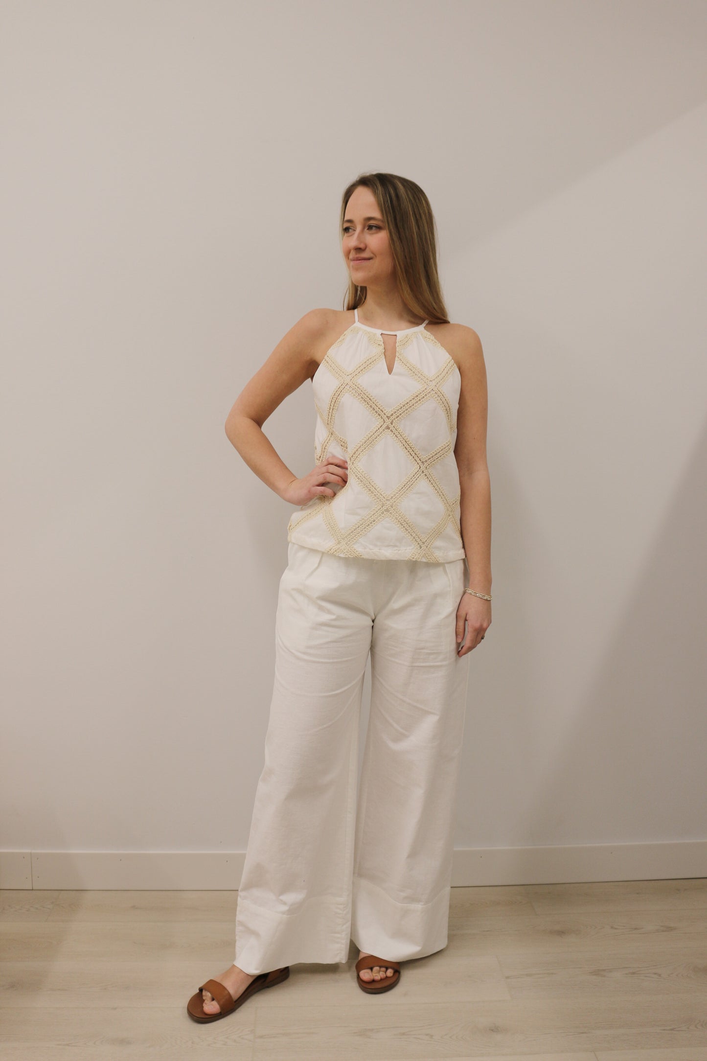 Crochet Detail Lightweight Halter Tank Top - Off White