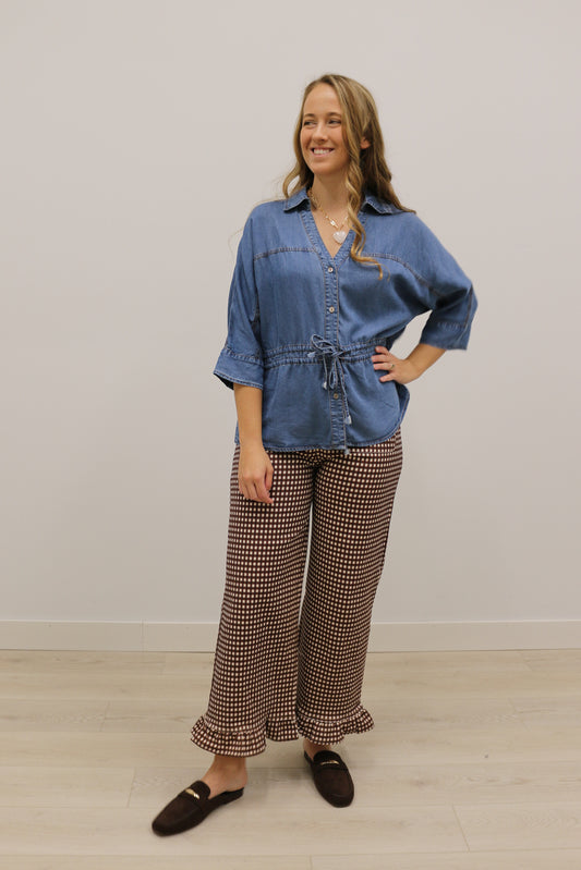 Gingham Ruffle Hem High Waisted Wide Leg Pants - Chocolate Brown Multi